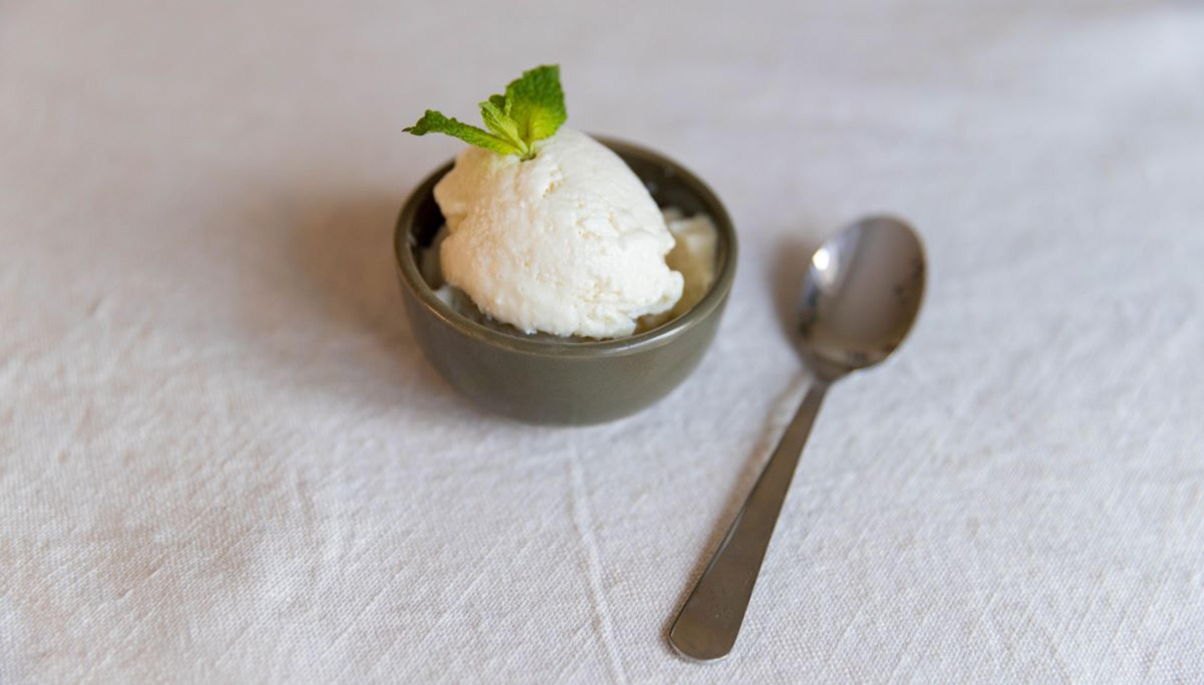 Vanilla cottage cheese ice cream and a spoon on a table.