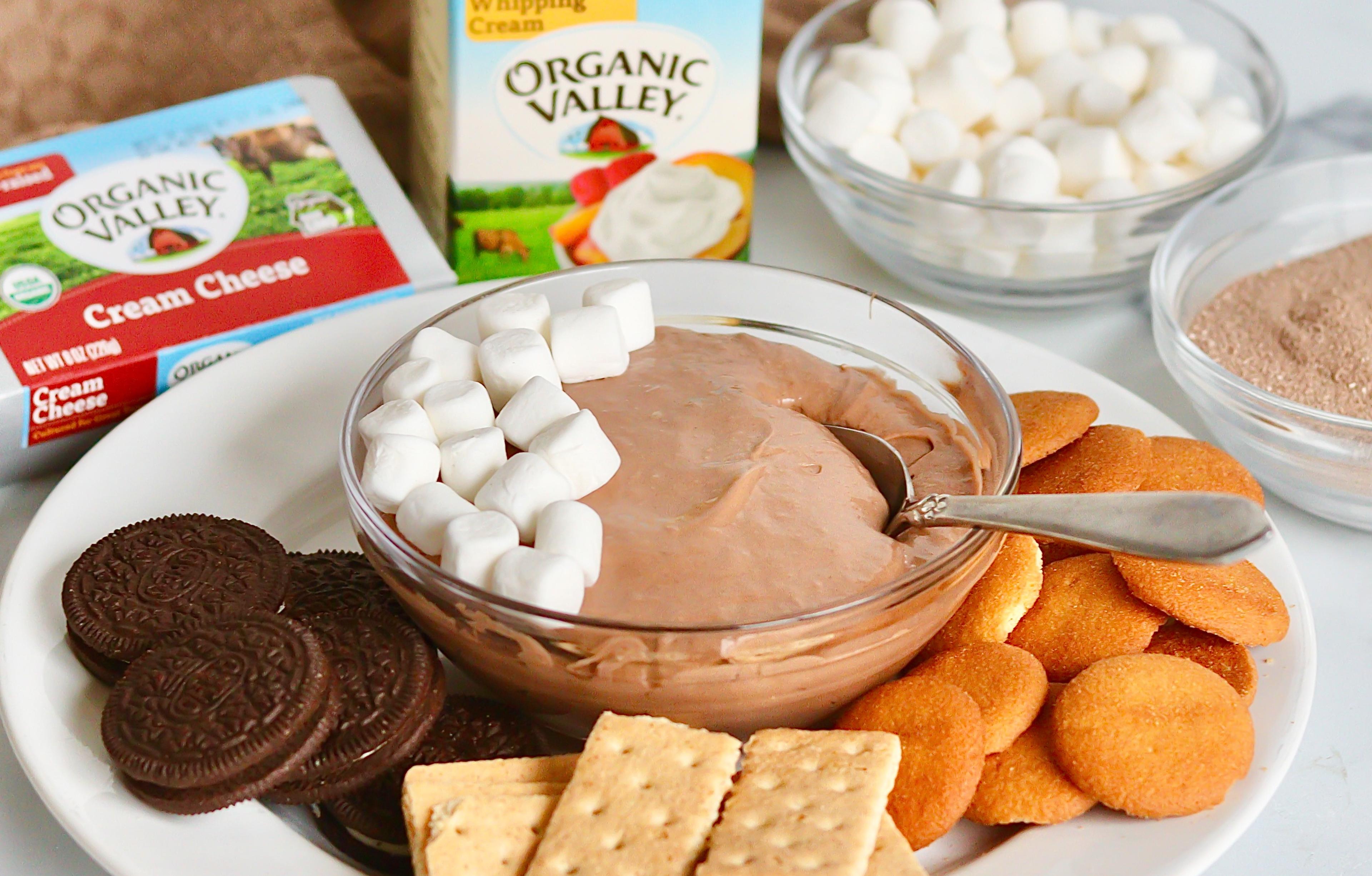 Hot chocolate dip on a plate with cookies, wafers and marshmallows.