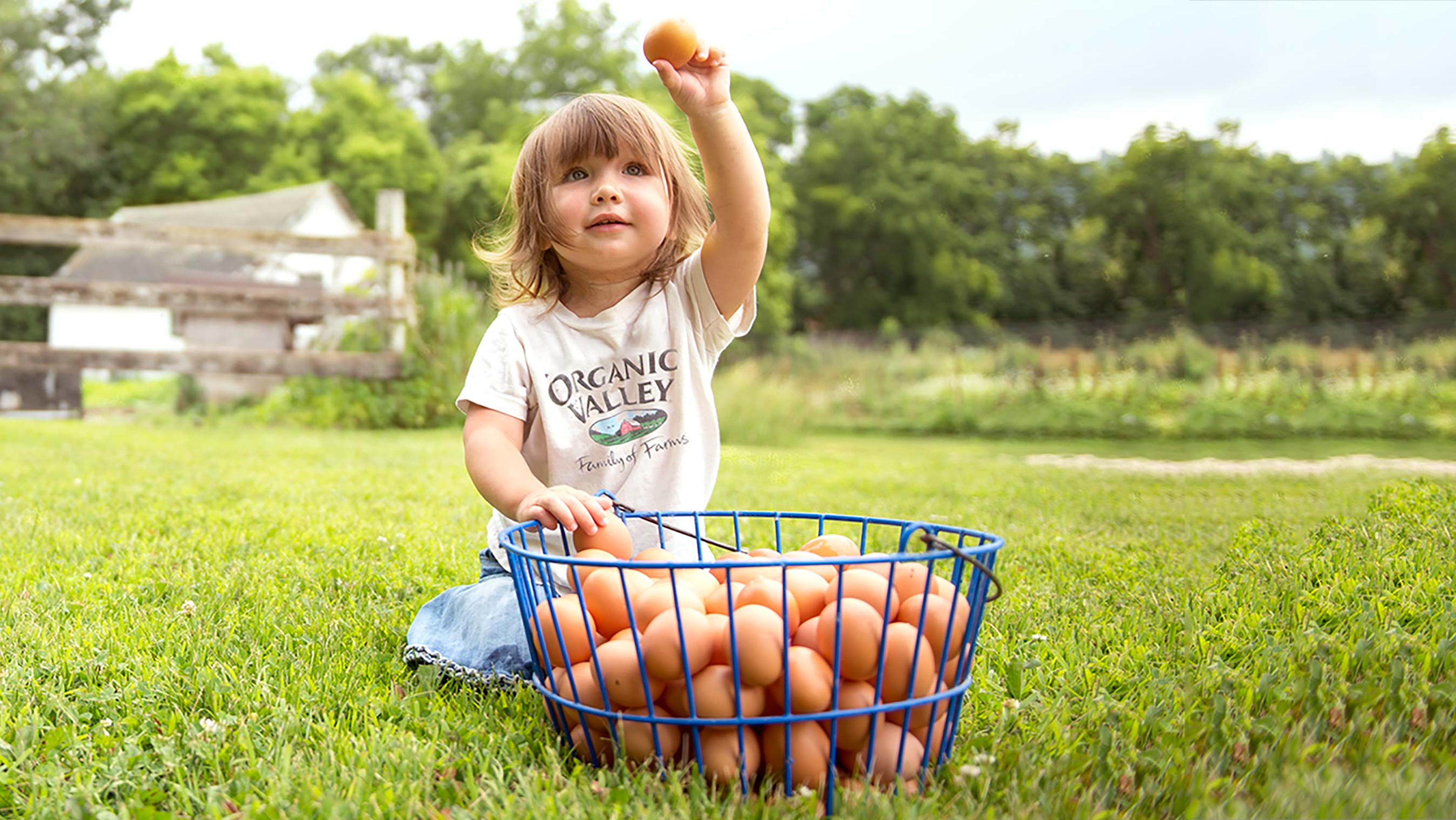 A child sitting in grass holding up an egg from a basket of eggs.