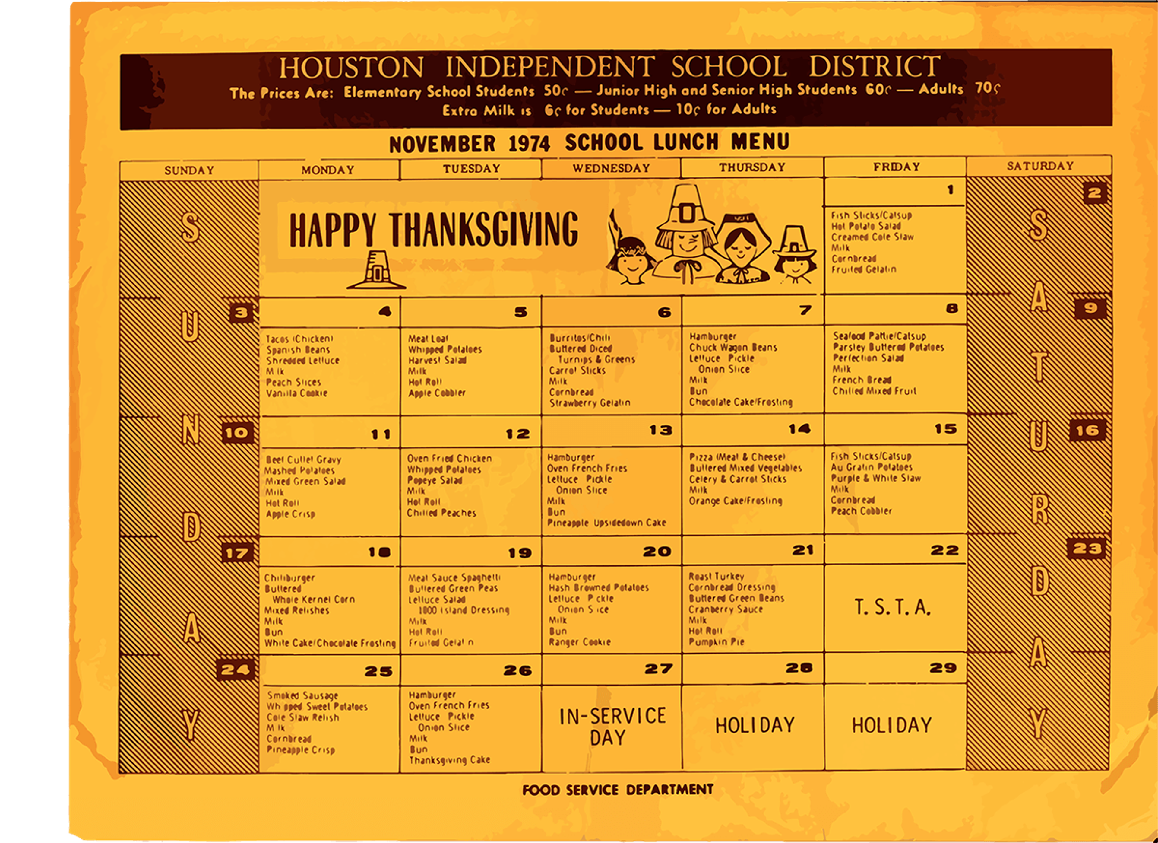 A picture of the Houston Independent School District November 1974 school lunch menu.
