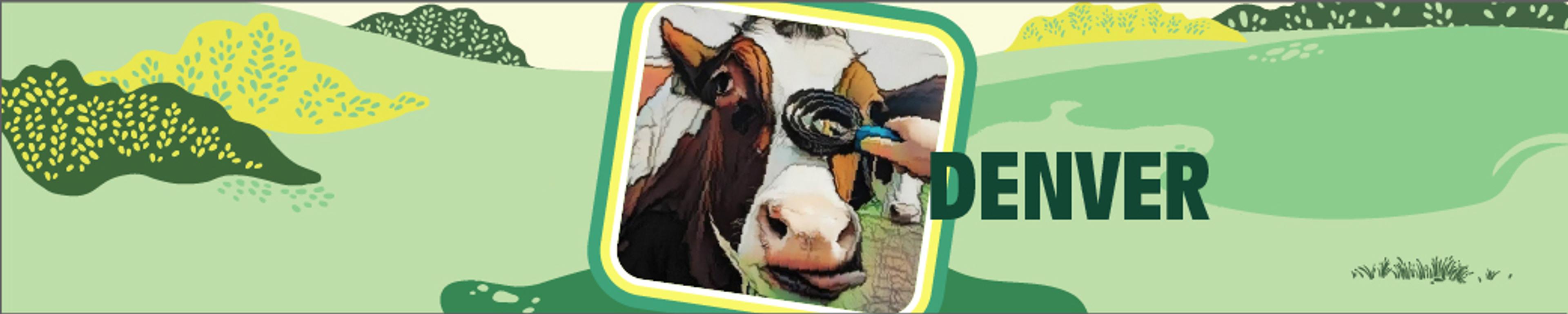 A graphic of a dairy cow with pasture in the background.