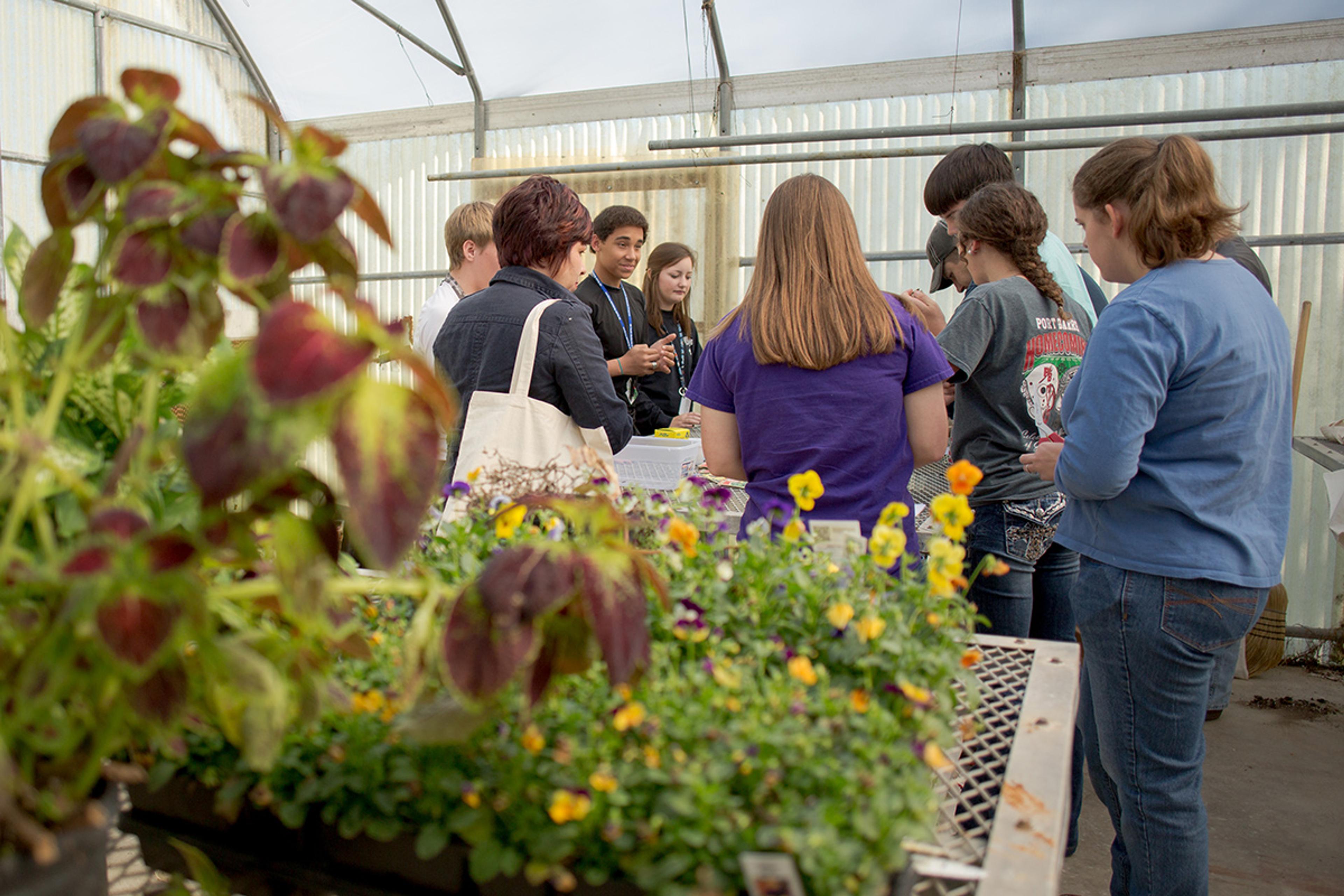 Group of teachers and students gather in a school greenhouse to learn about school gardens.