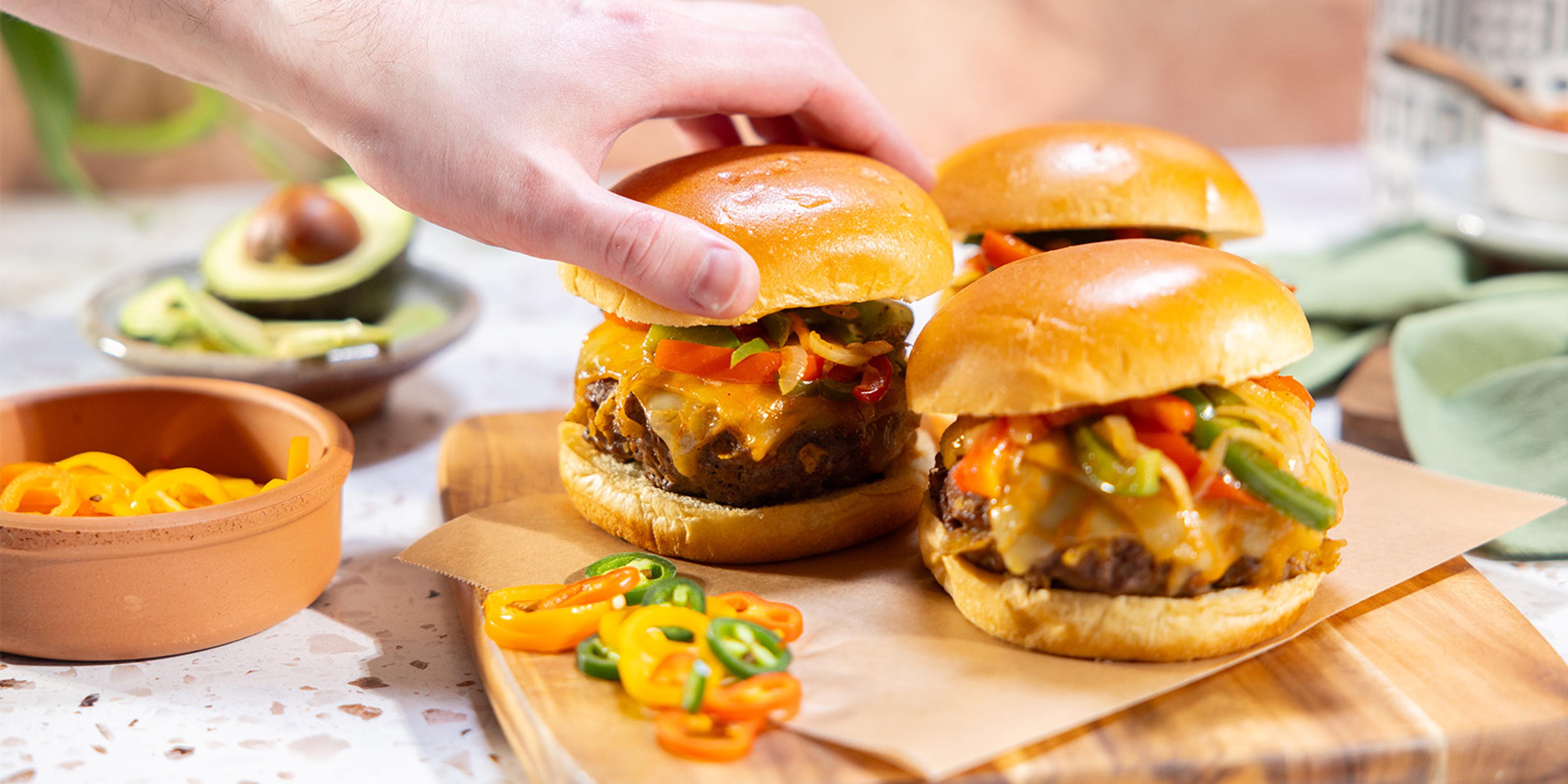 Three Fajita Cheeseburgers with Spicy Cheddar