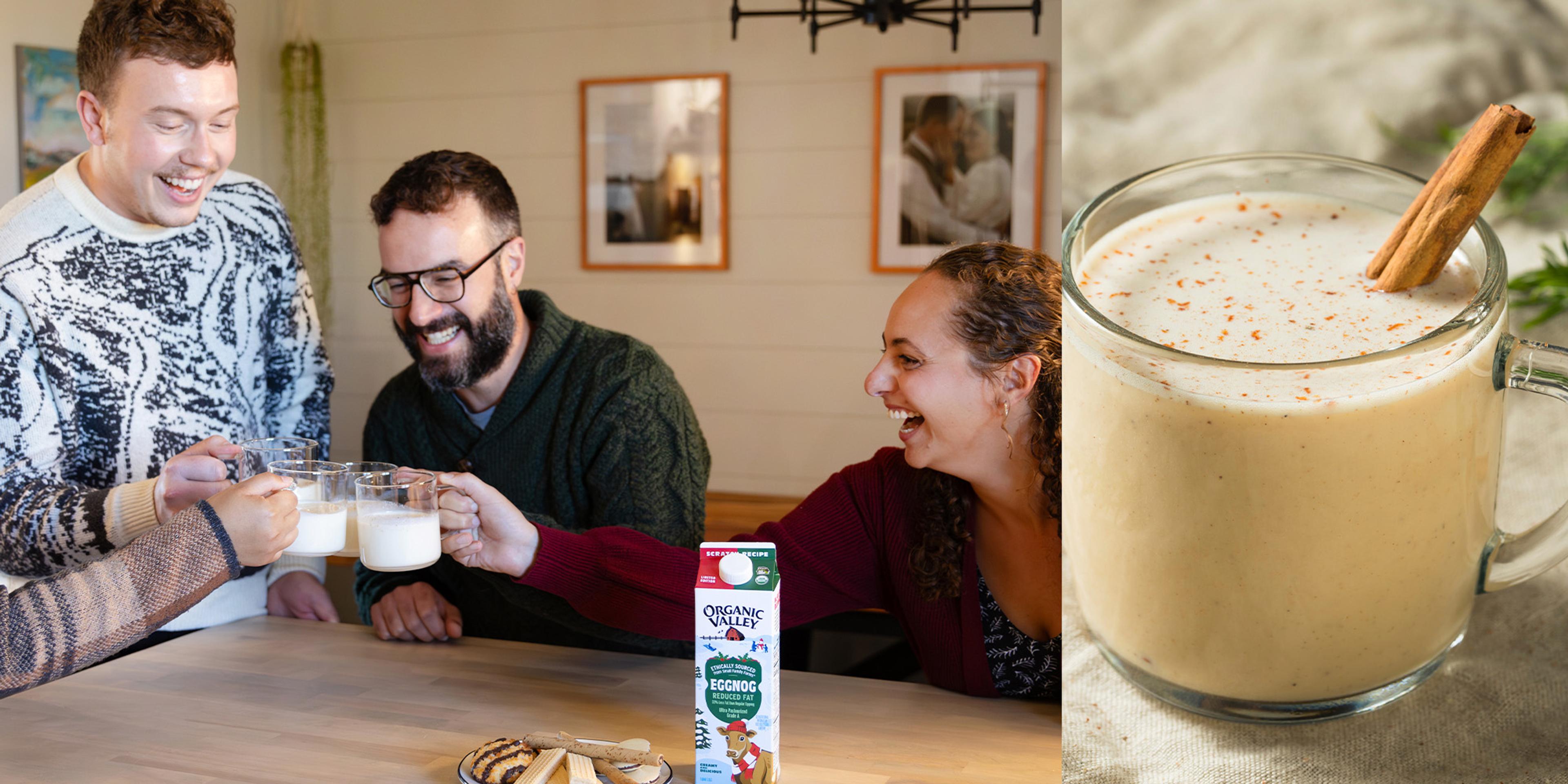A group of people drinking Organic Valley Eggnog around a table.