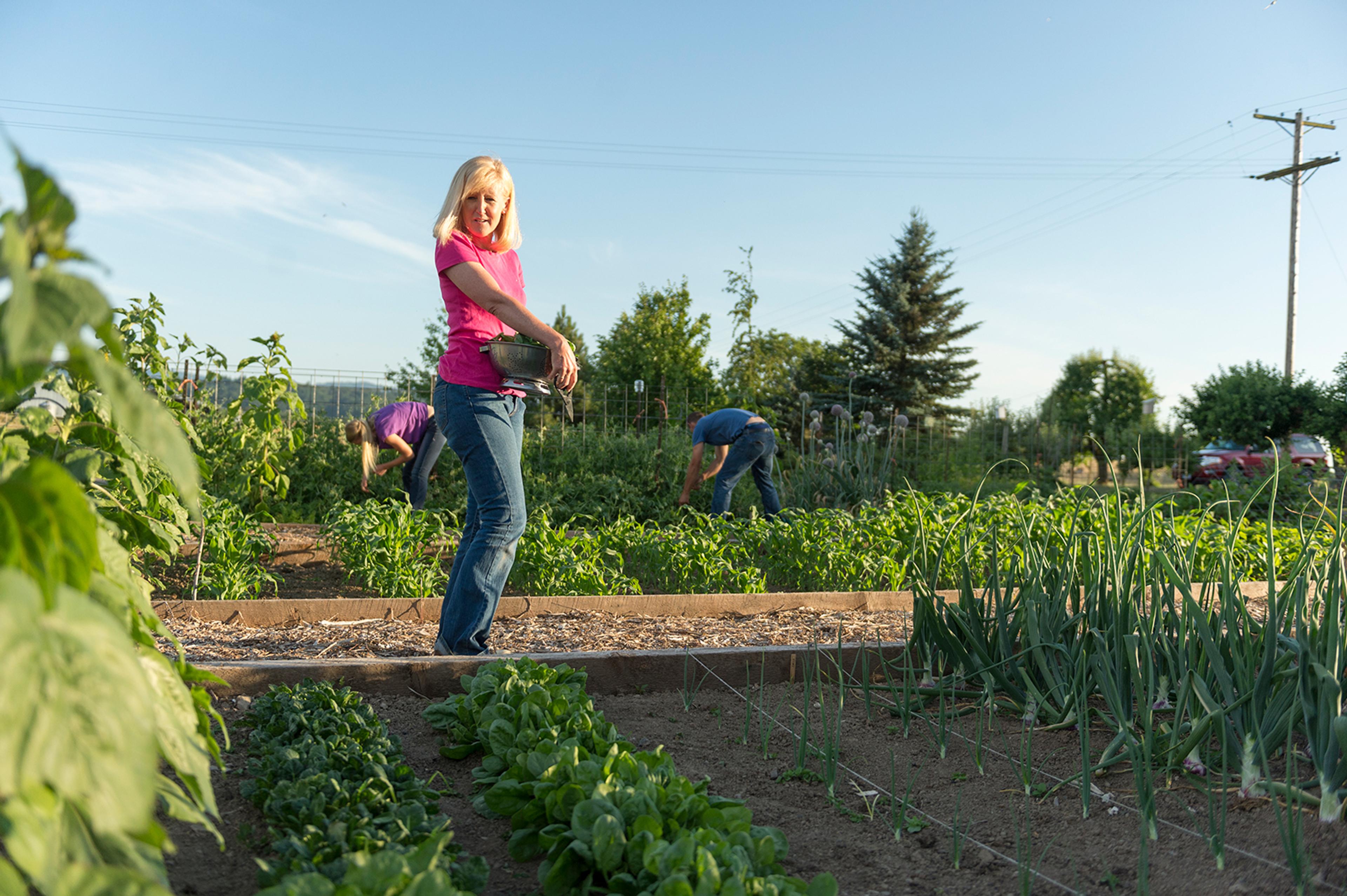 Juli Bansen surveys the family’s large garden while two of her children harvest in the background.