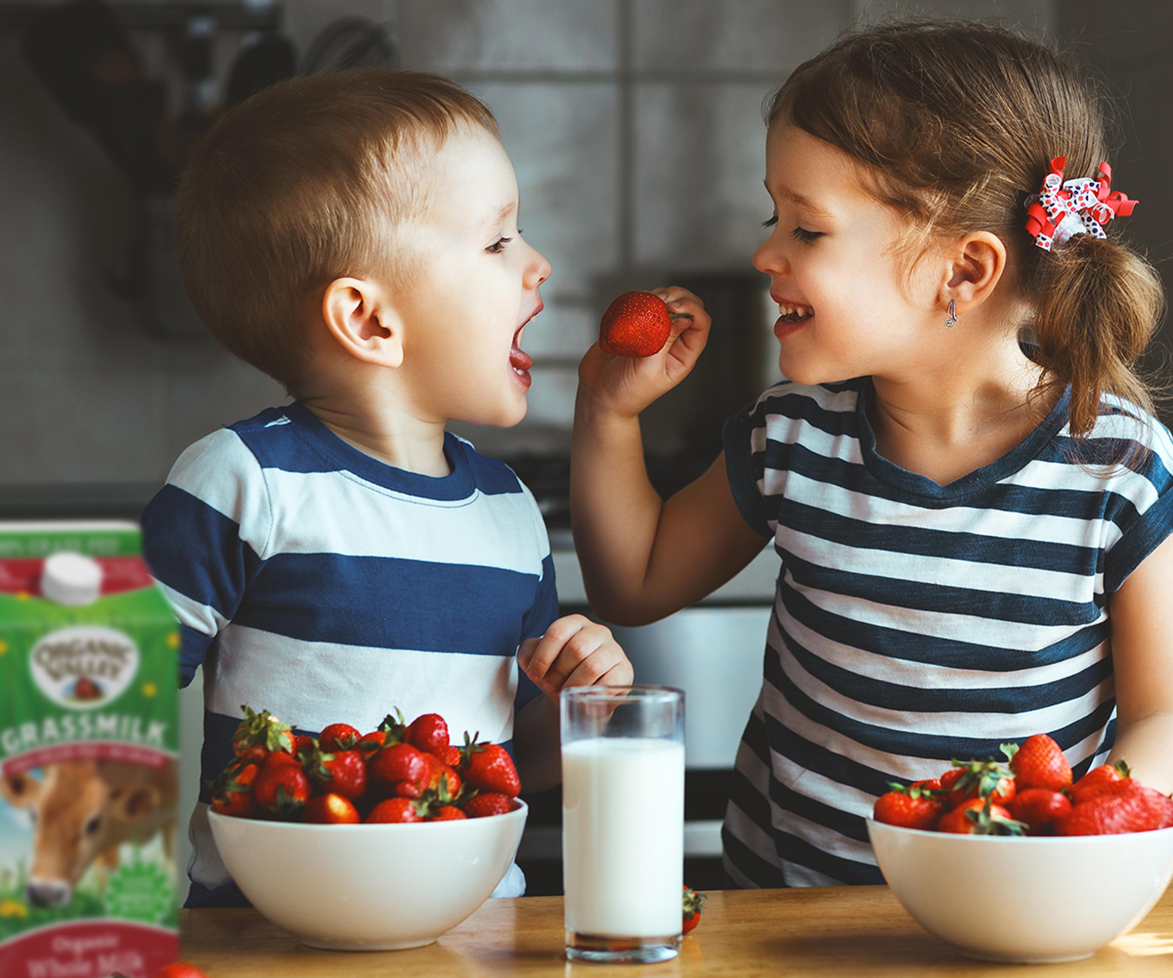 A little girl feeds a little boy a strawberry. They have bowls of strawberries and a glass of milk in front of them.