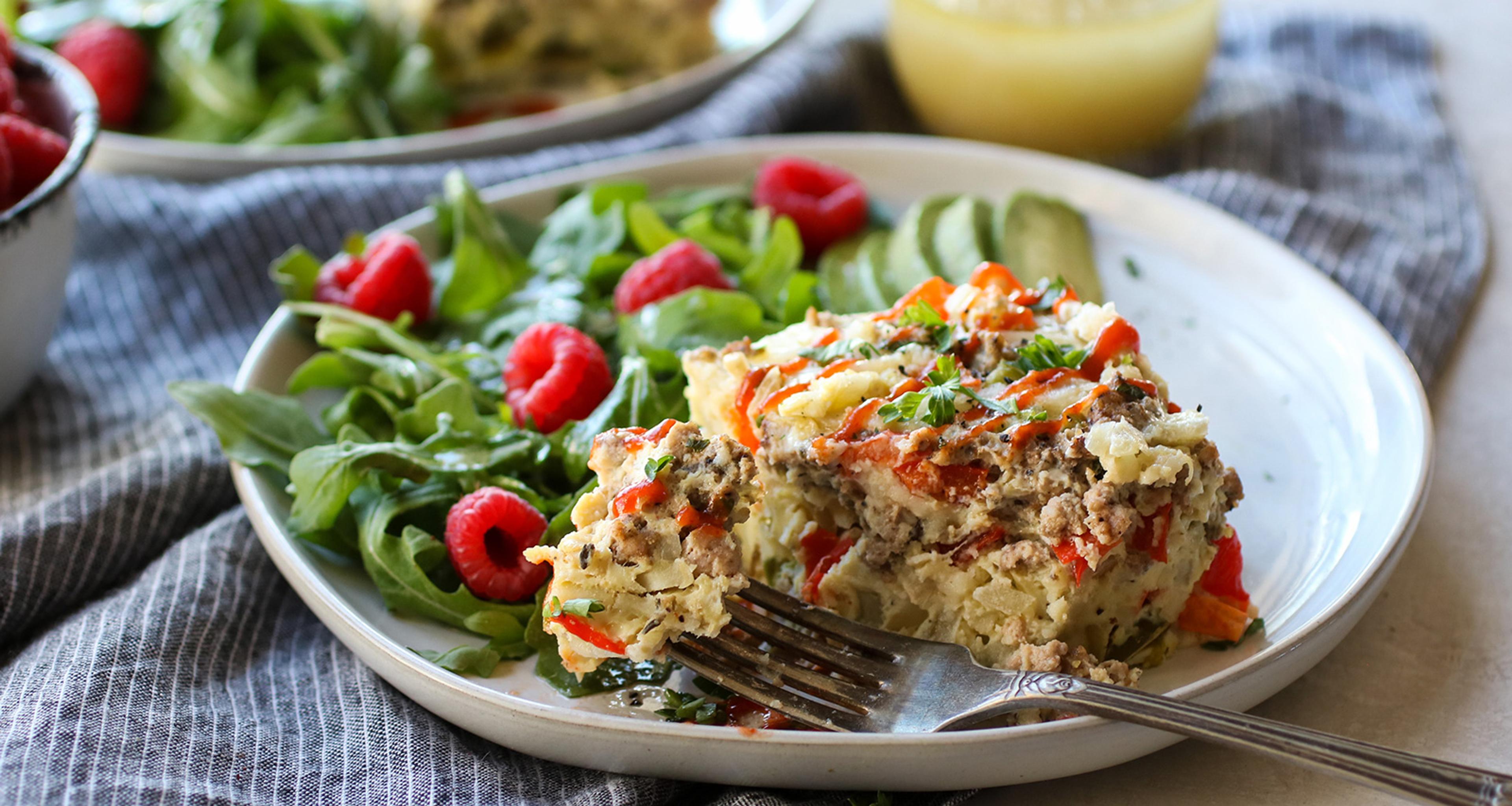 This Slow Cooker Turkey Sausage and Hashbrown Egg Bake can be easily modified into a strata by layering the ingredients. Photo by the Real Food Dietitians.