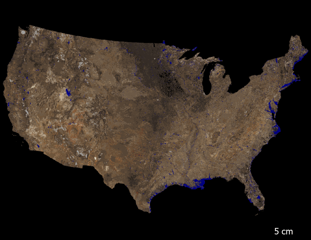 A Natural Resources Conservation Service map shows soil color in the United States at various depths.