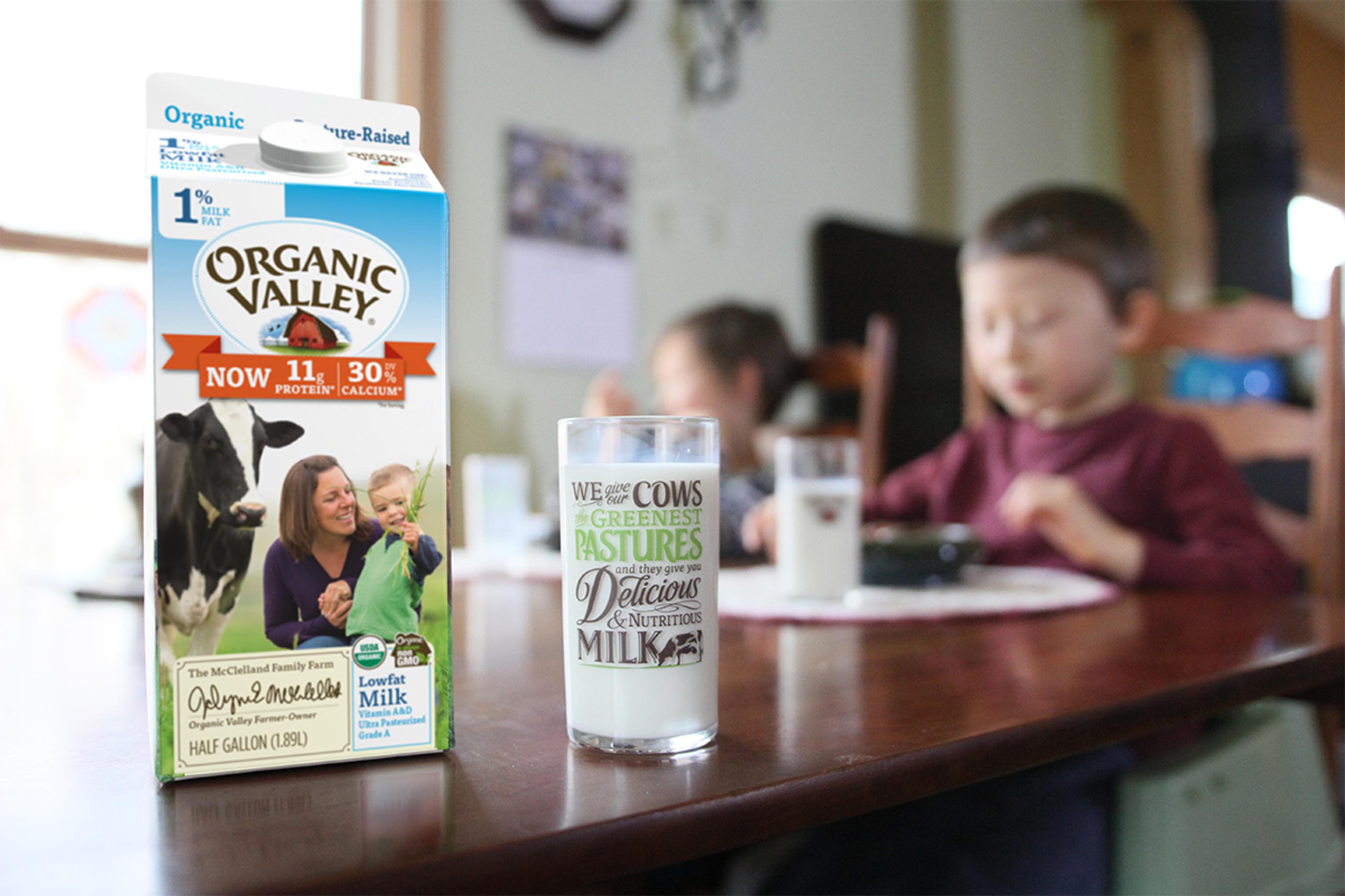 Fortified Organic Valley milk on the kitchen table.