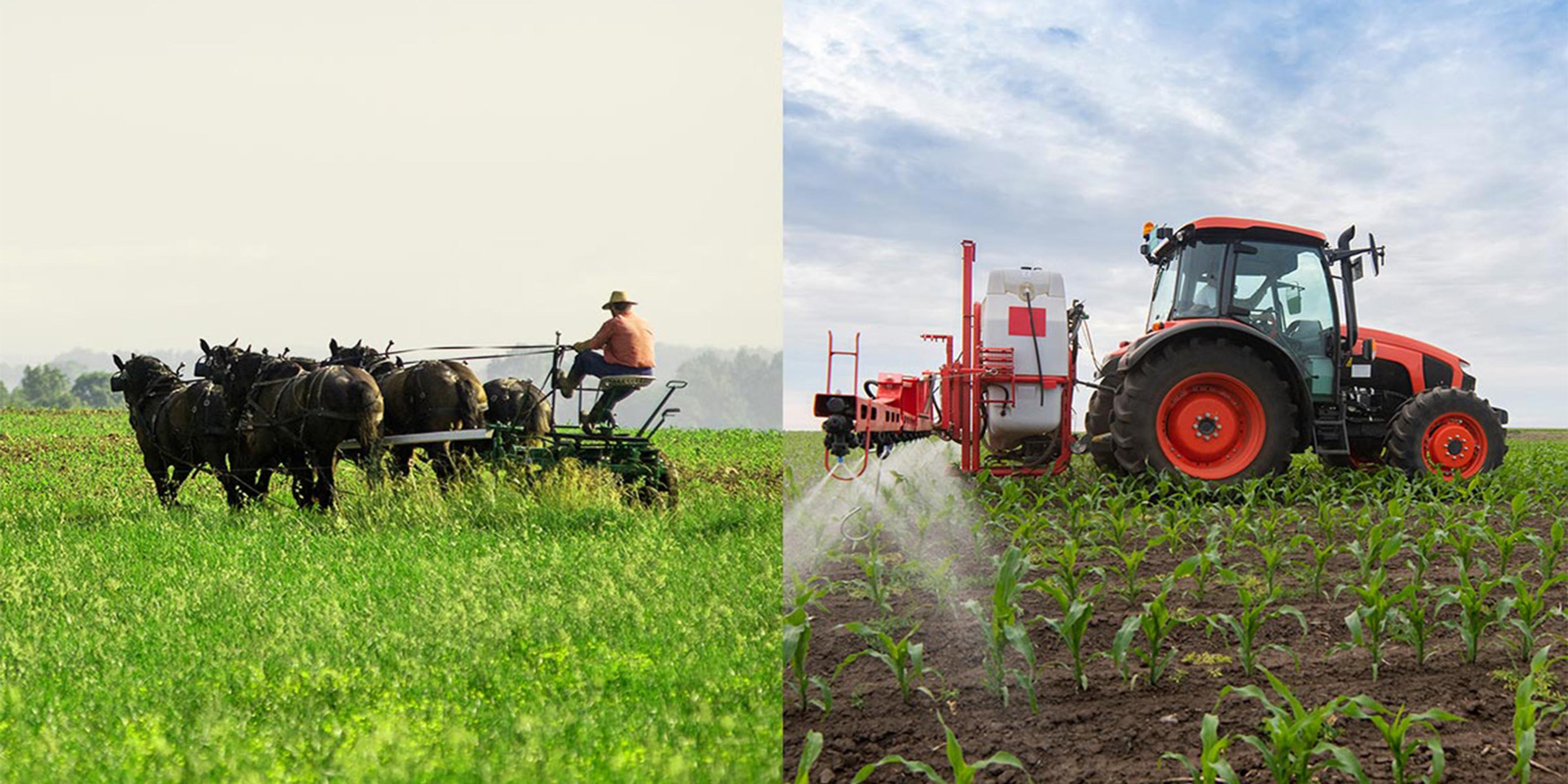 A farmer sits on a planter/cart pulled by horses and an opposing photo shows a tractor with a pesticide sprayer in a corn field.