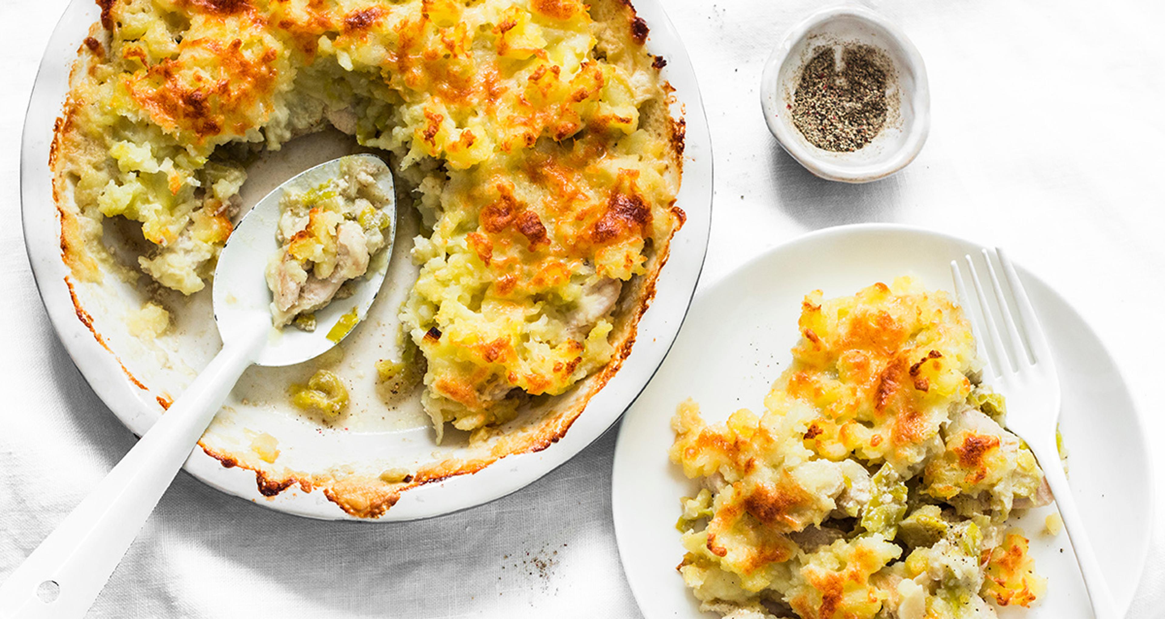 A slice of shepherd's pie site on a plate, made with Thanksgiving leftovers.