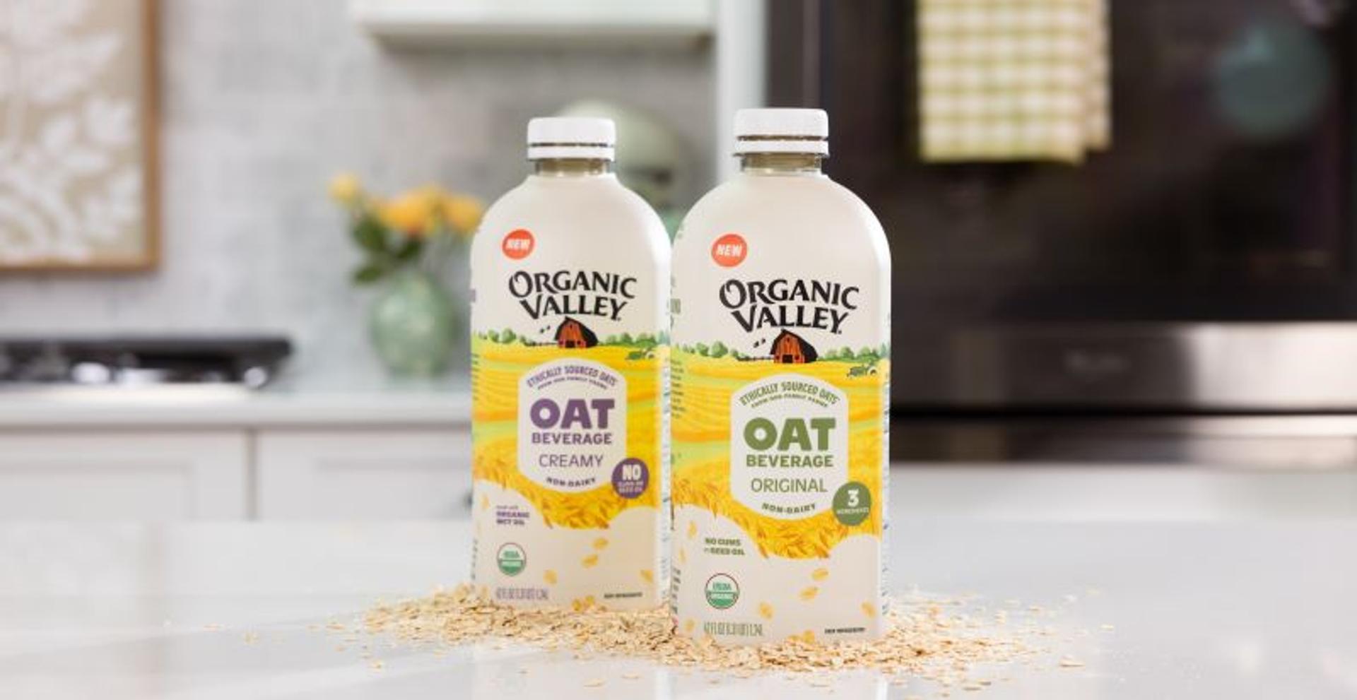 Two cartons or organic Oat Beverage on a counter with oat kernels scattered around.