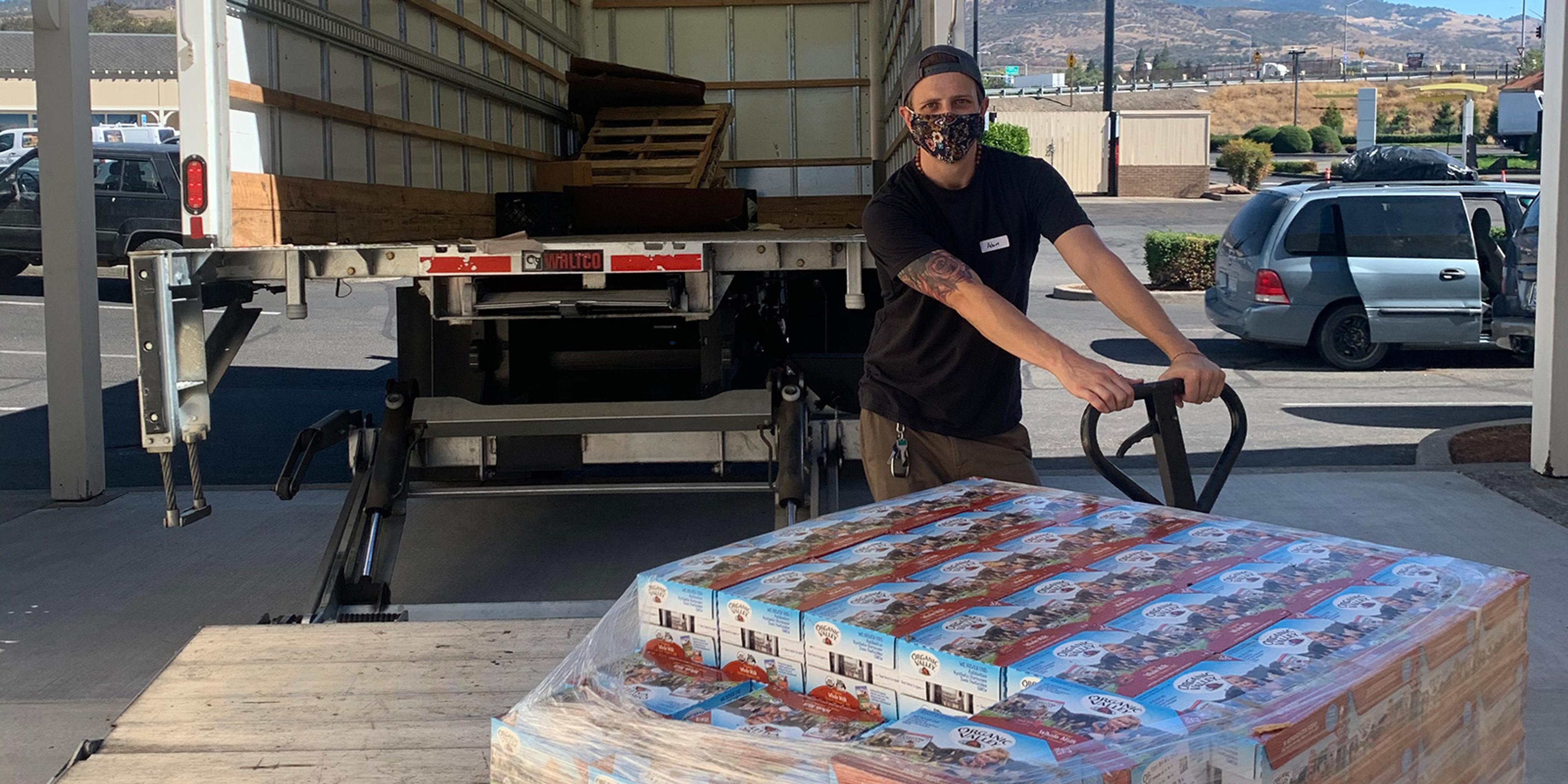A pallet of Organic Valley single-serve, shelf-stable milk is donated to Wildfire Relief in California.