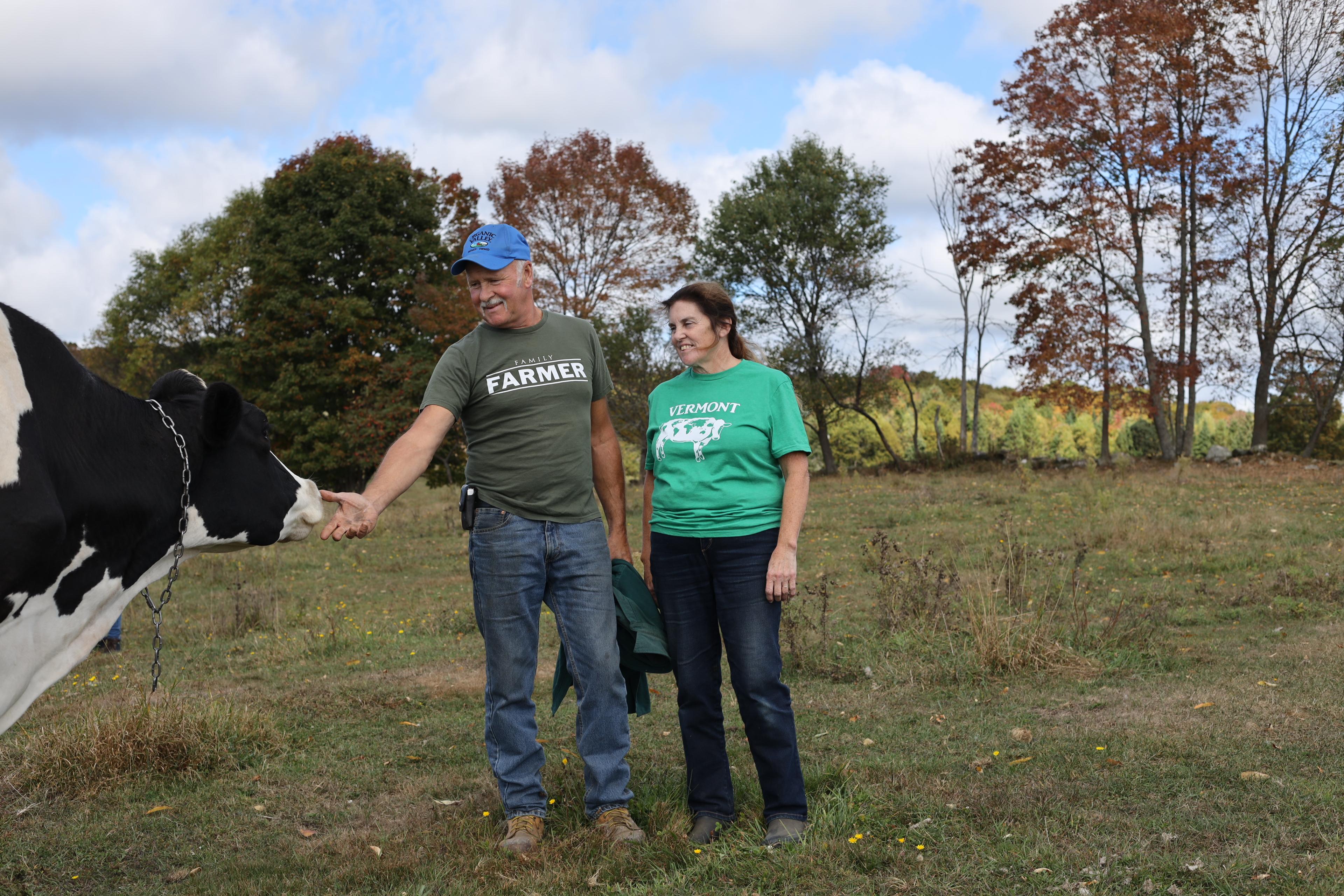Eric reaches his hand to a cow as Cathy looks on.