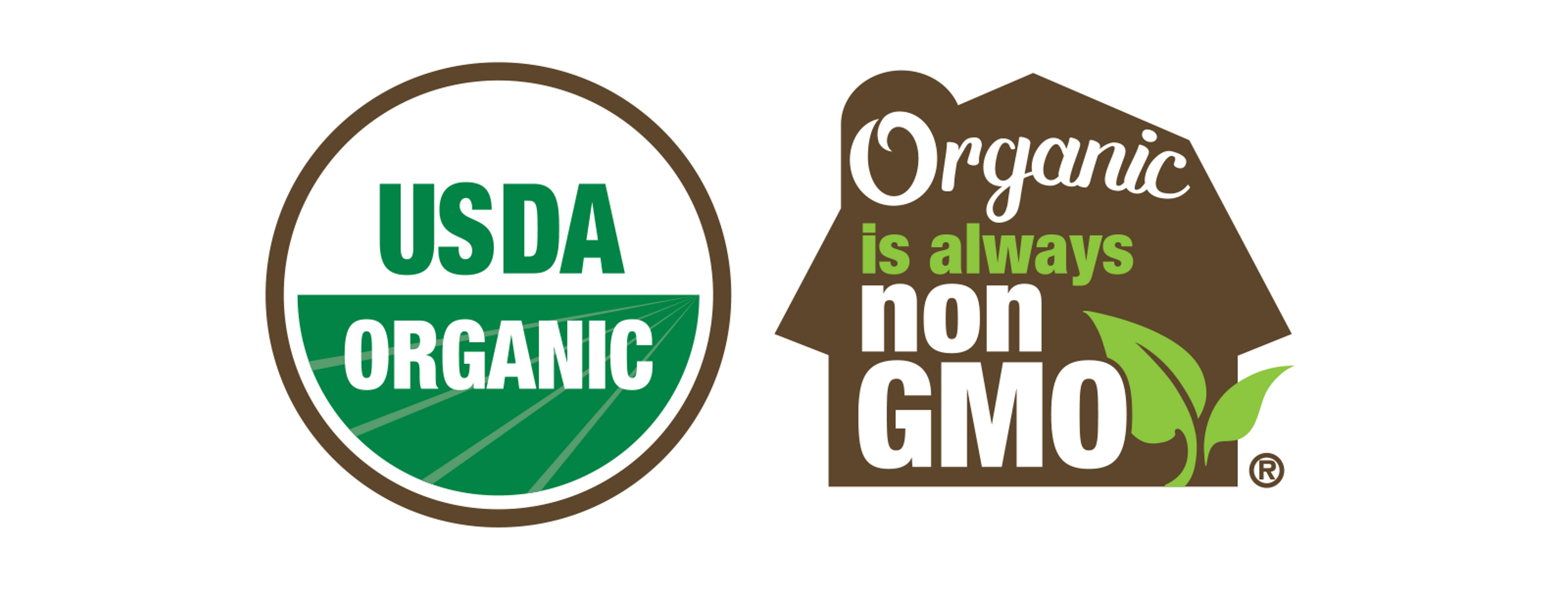 The Certified Organic seal next to the Organic Always Means Non-GMO seal.