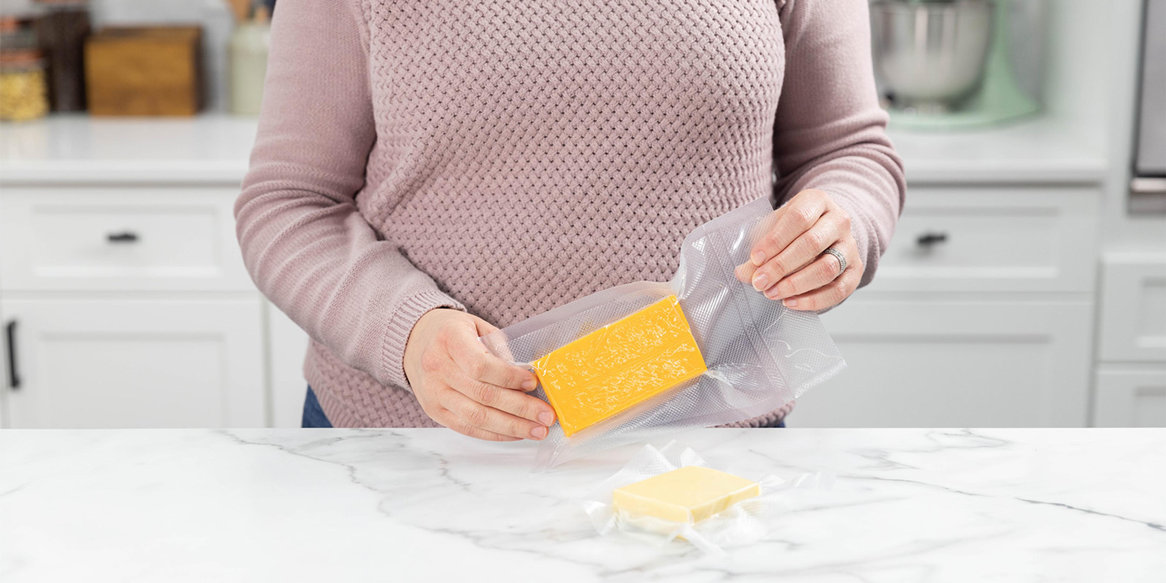 Vacuum-sealed cheddar cheese.