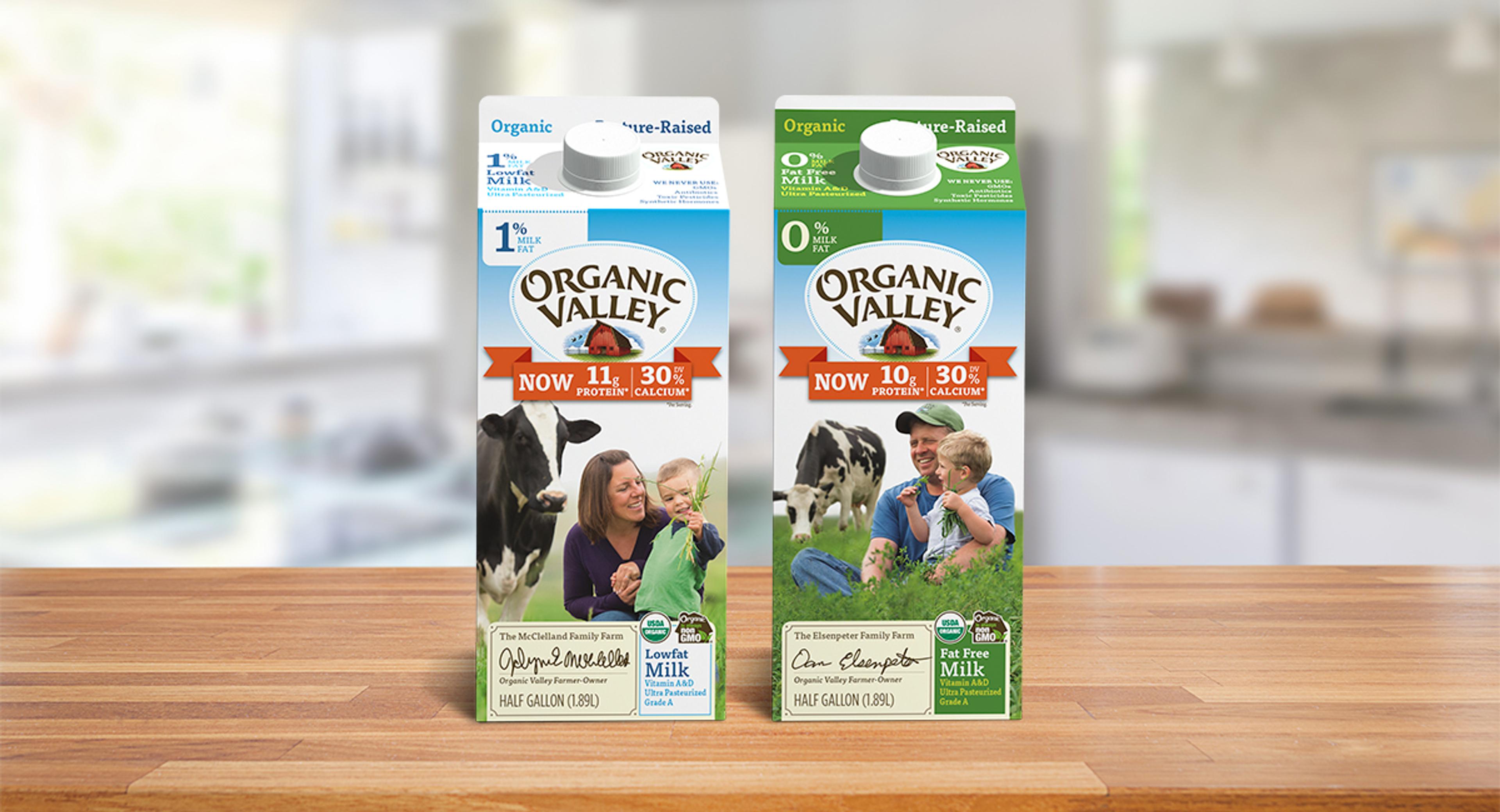Organic Fortified Milk displayed on a table.