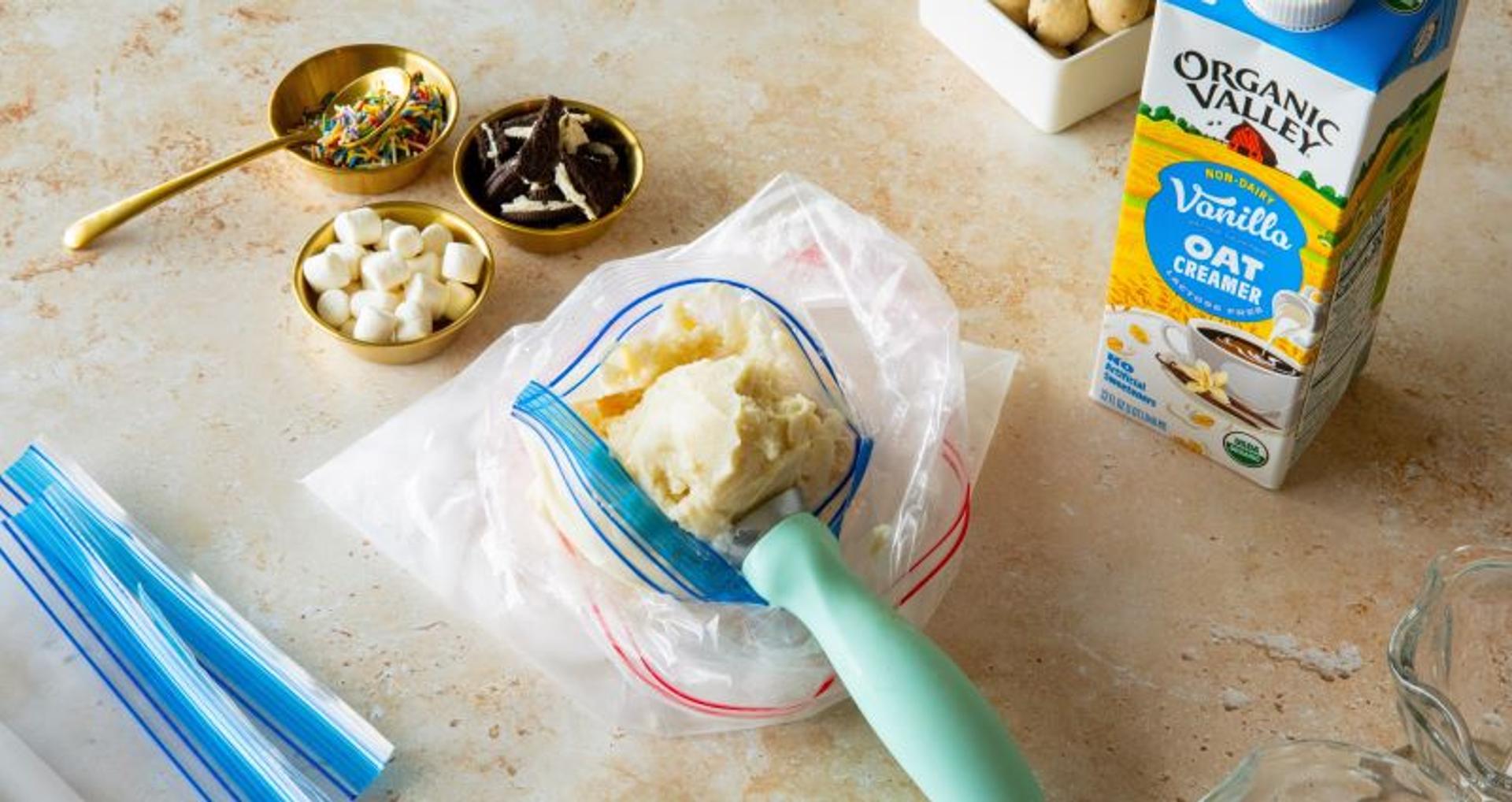 Ice cream, organic oat creamer, marshmallows and treats displayed on a counter