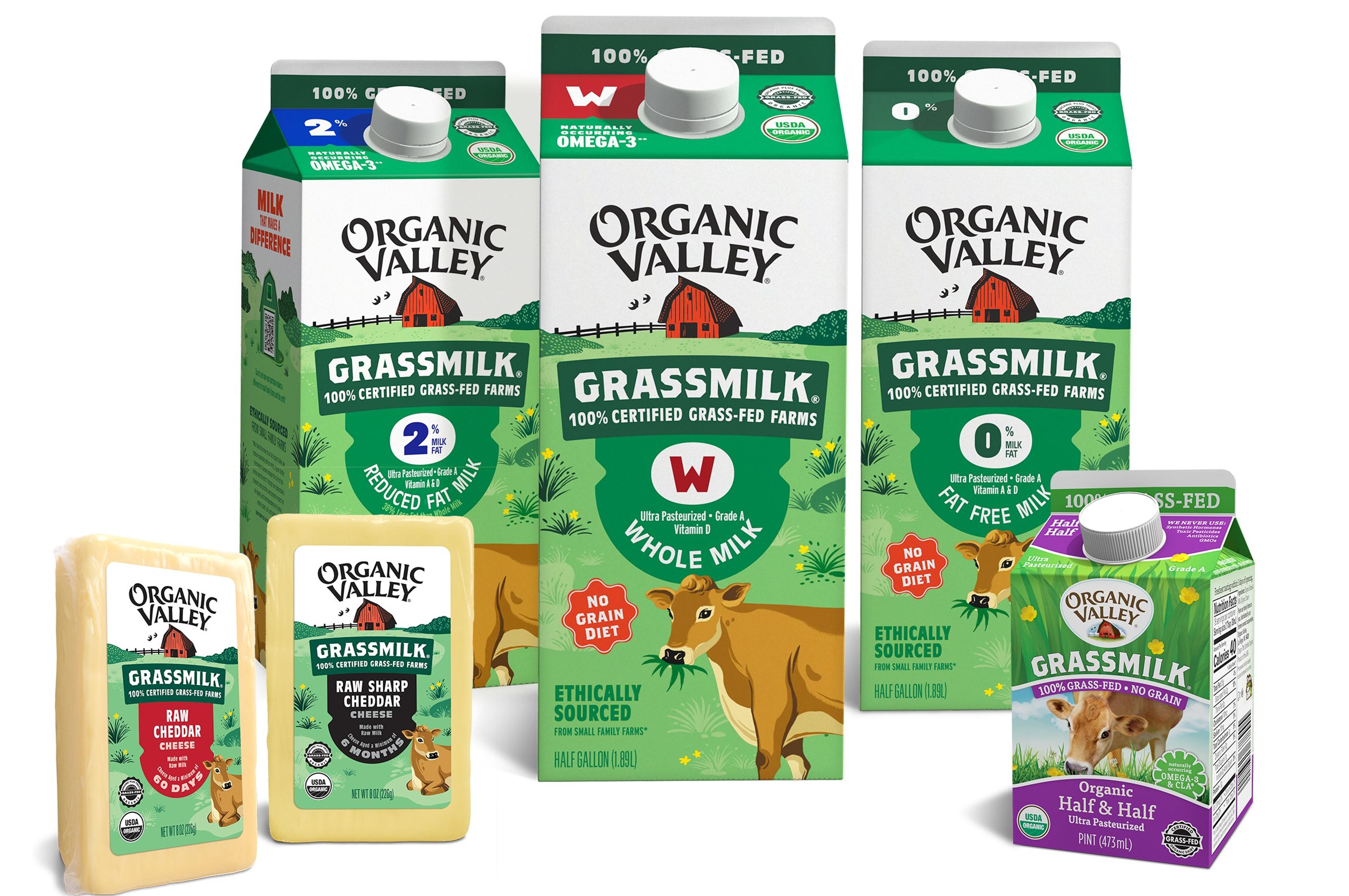 Cartons of Organic Valley Grassmilk dairy products.