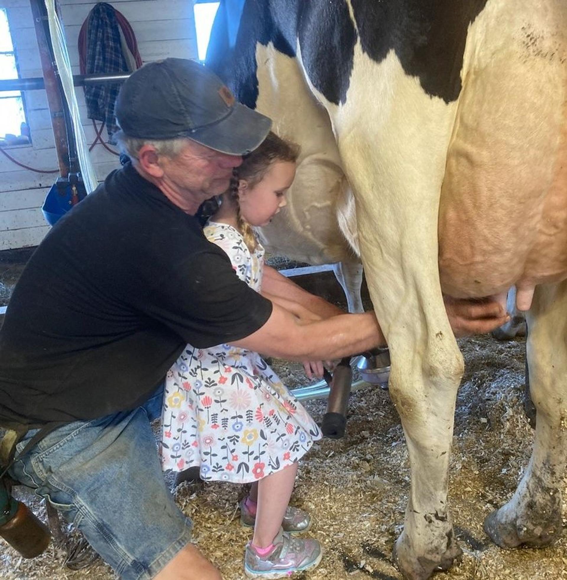 Lyle Edwards teaches his grandchild how to milk a cow.