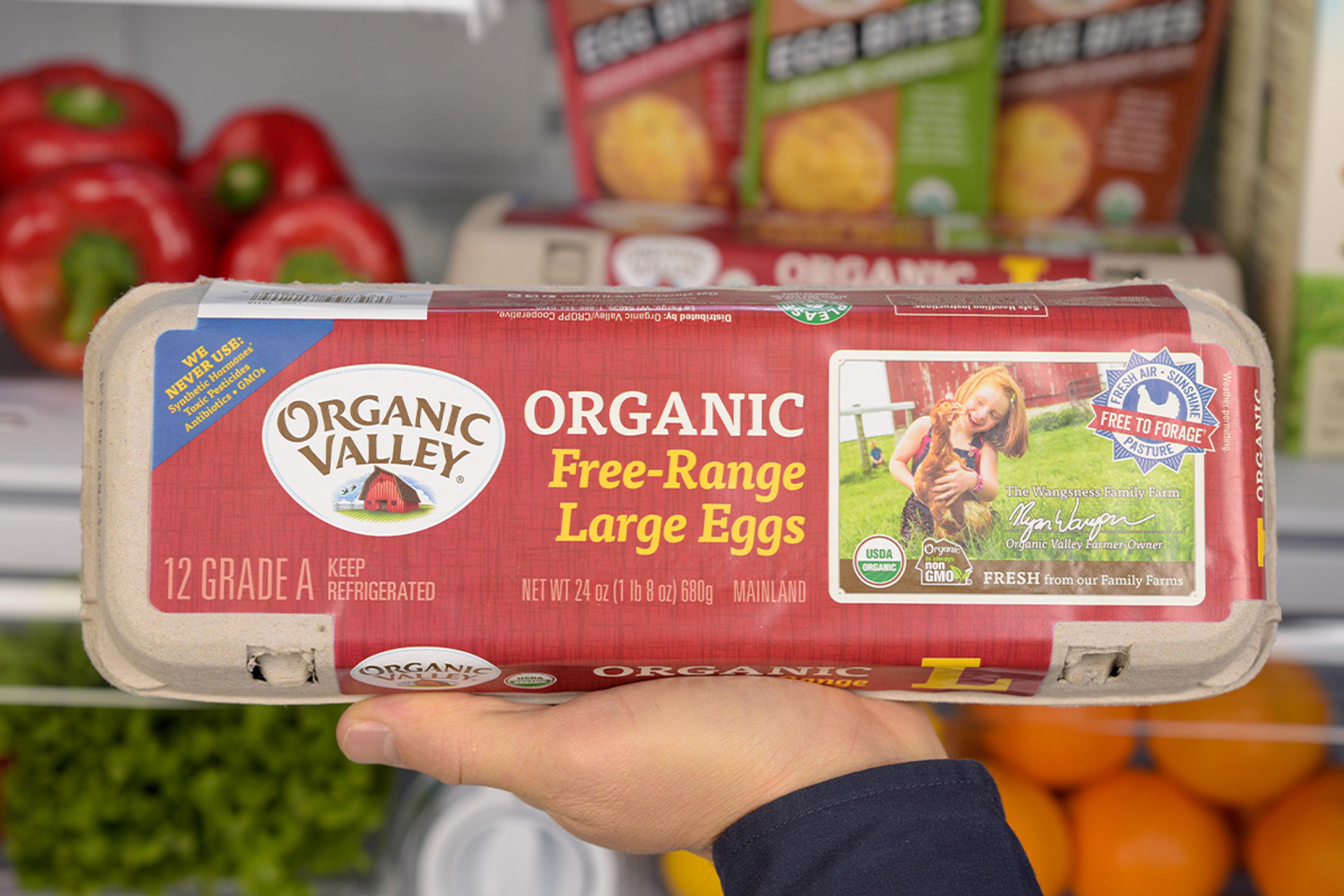 Organic Valley eggs being held in front of an stocked fridge.
