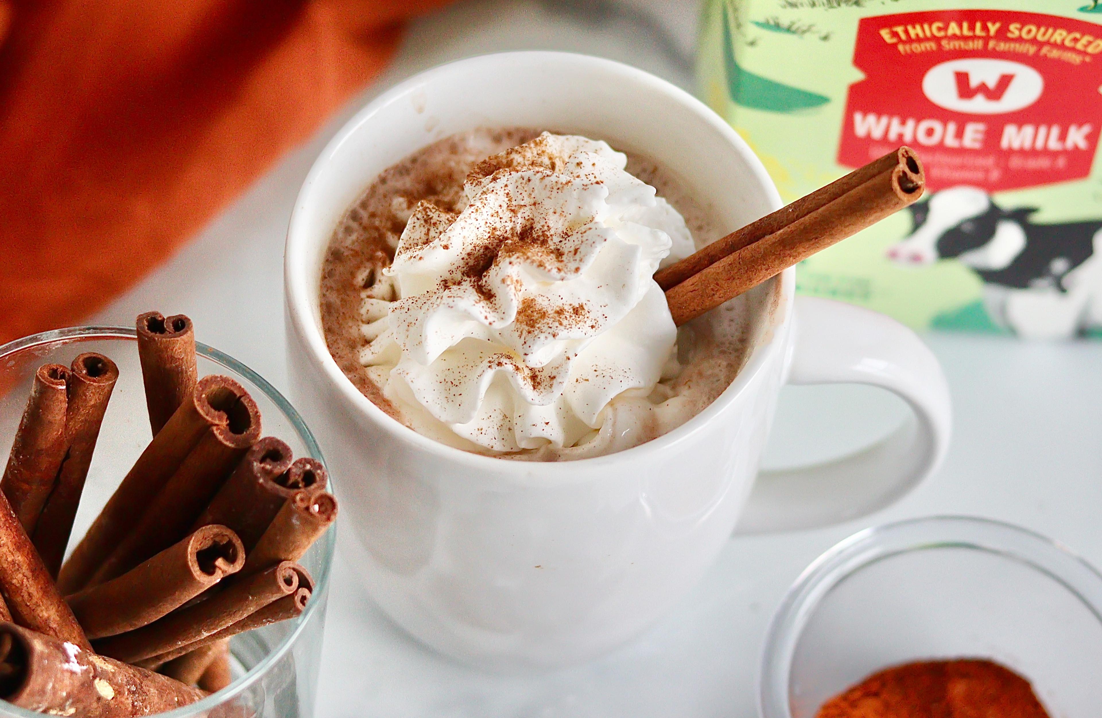 A cup of Mexican hot chocolate with cinnamon sticks and whipped cream.