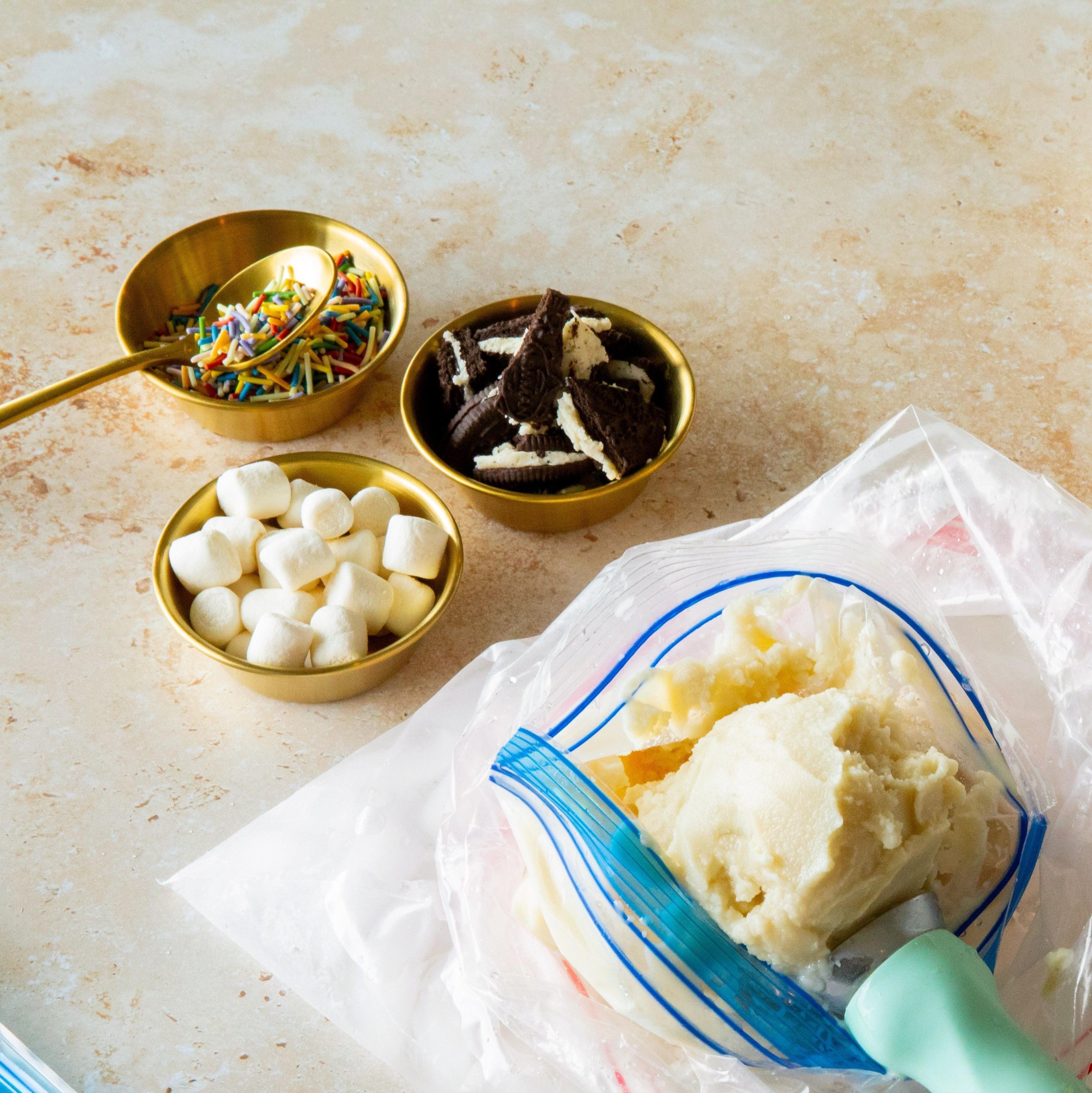 Ice cream in a bag with toppings.