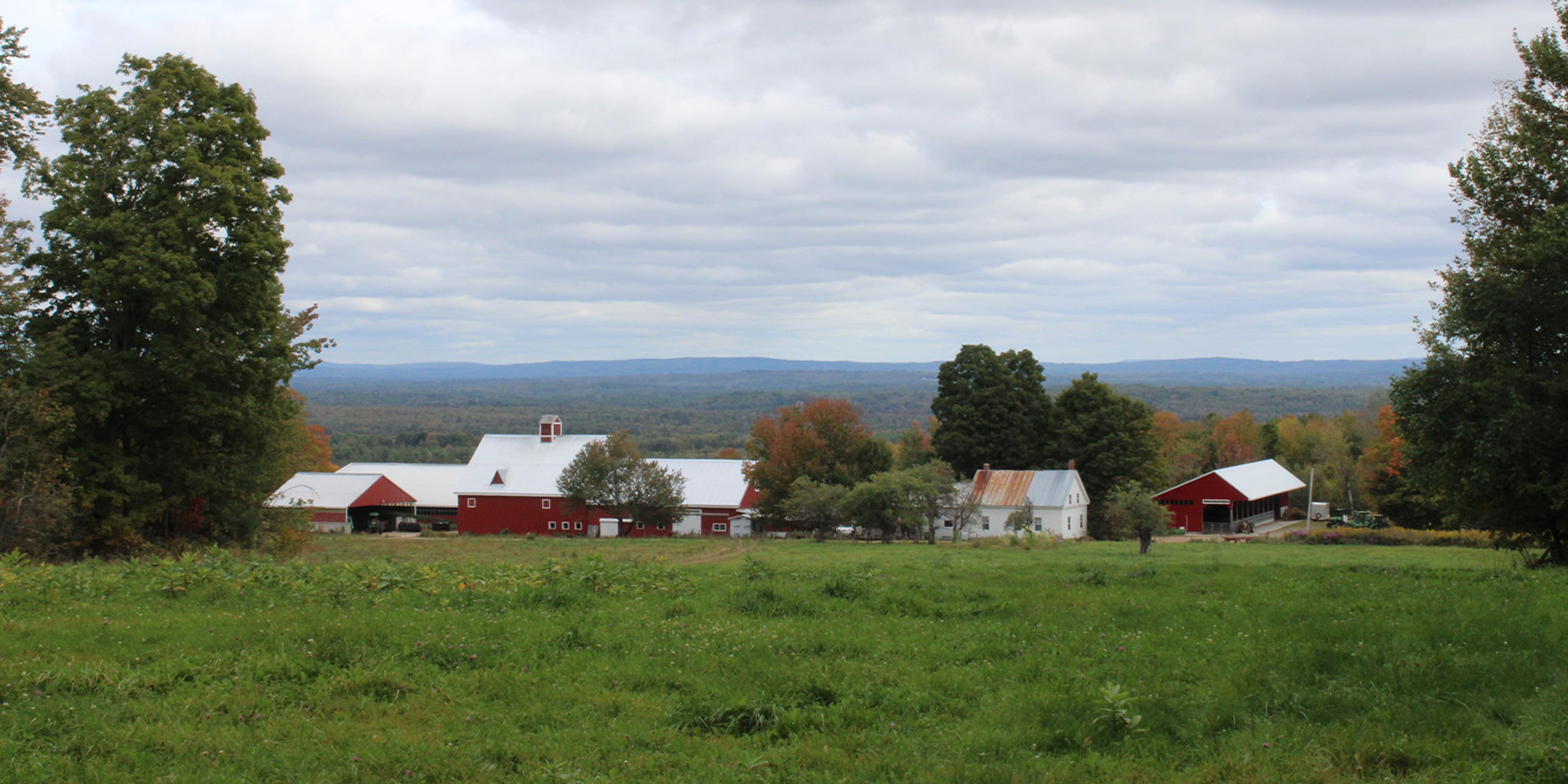 A view of a Maine farm with hills in the distance.