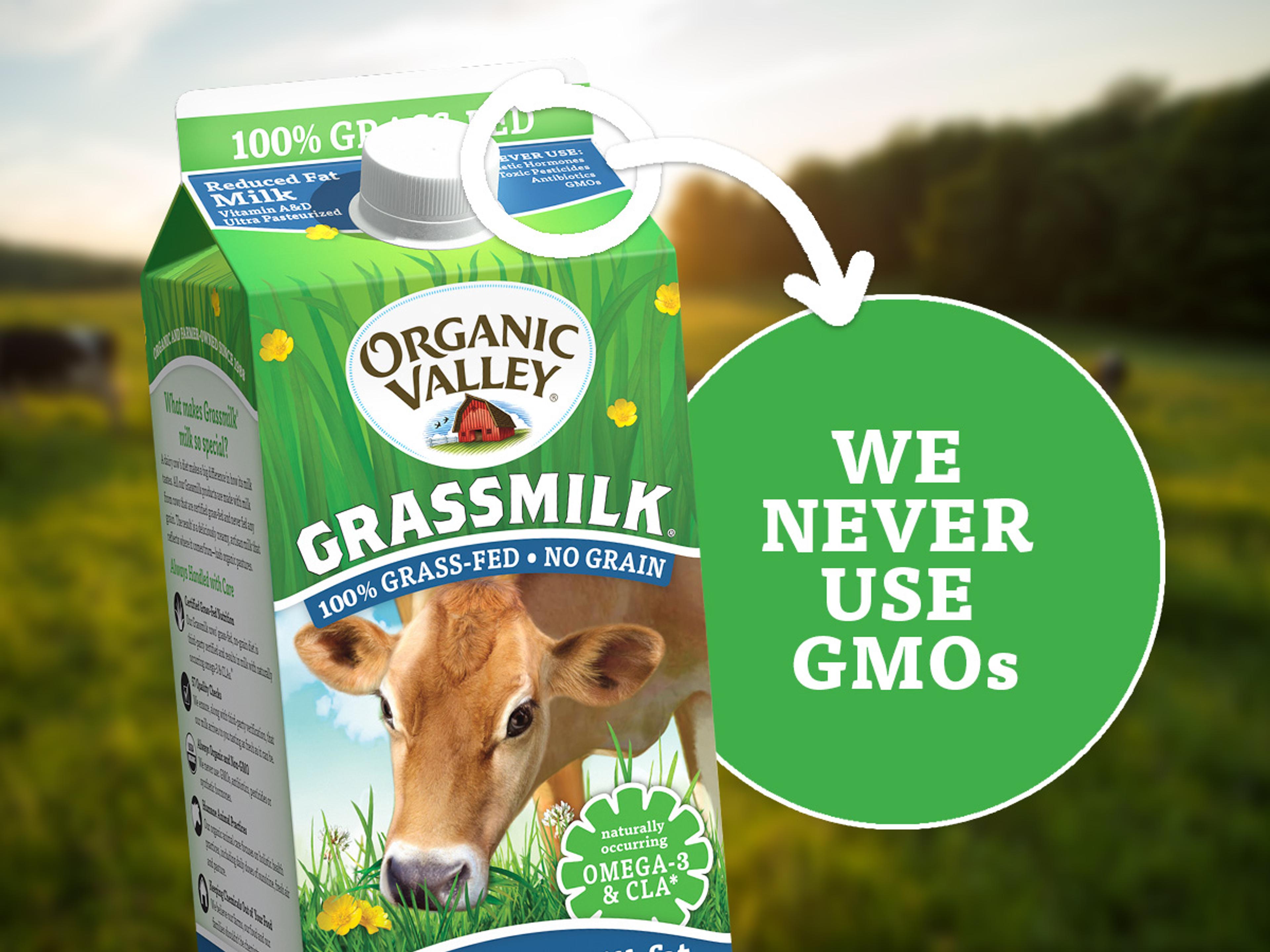Organic Valley milk carton that reads "We Never Use GMOs."