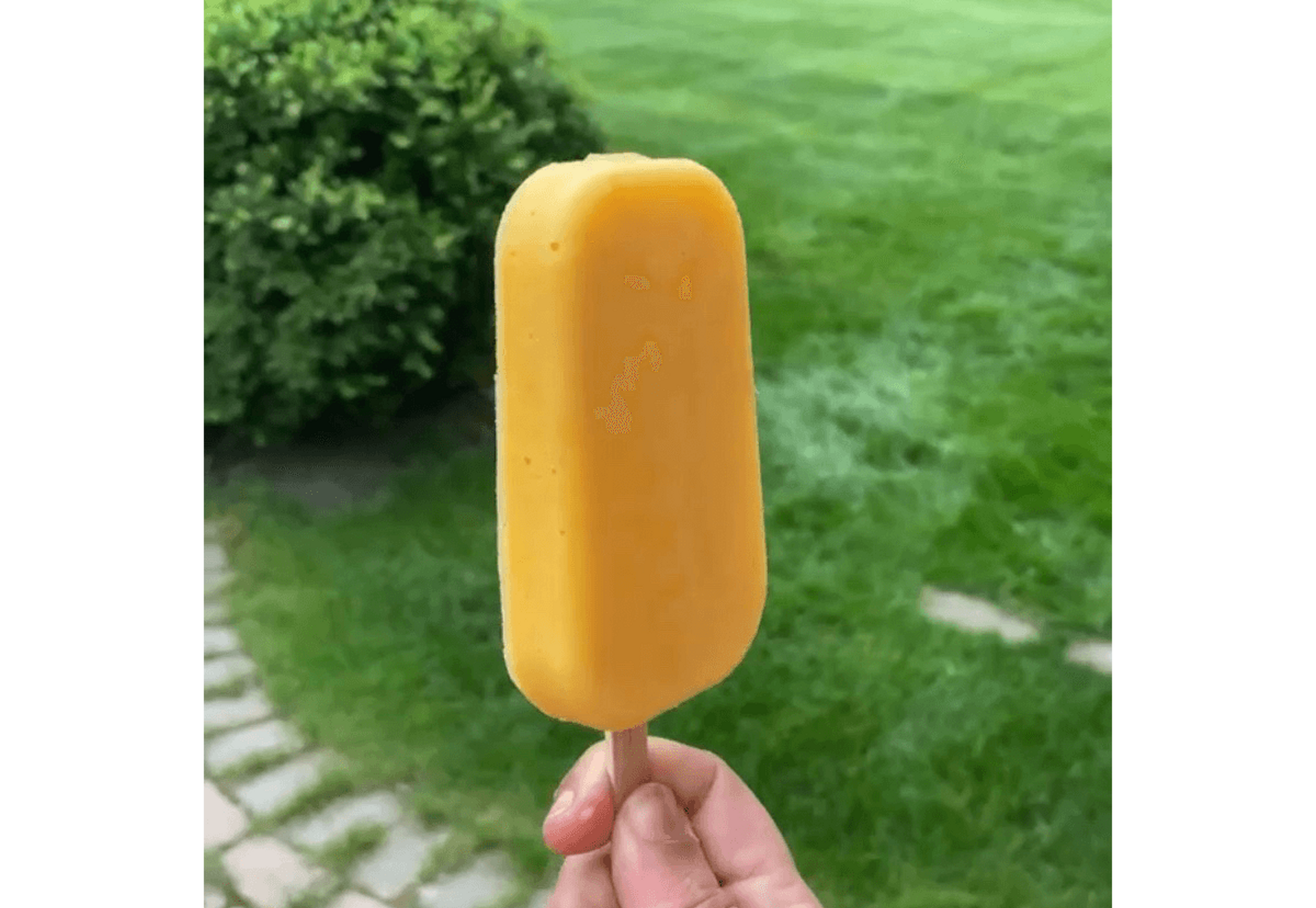 A hand holds a mango popsicle that is a bright orange-yellow against a background of green grass.