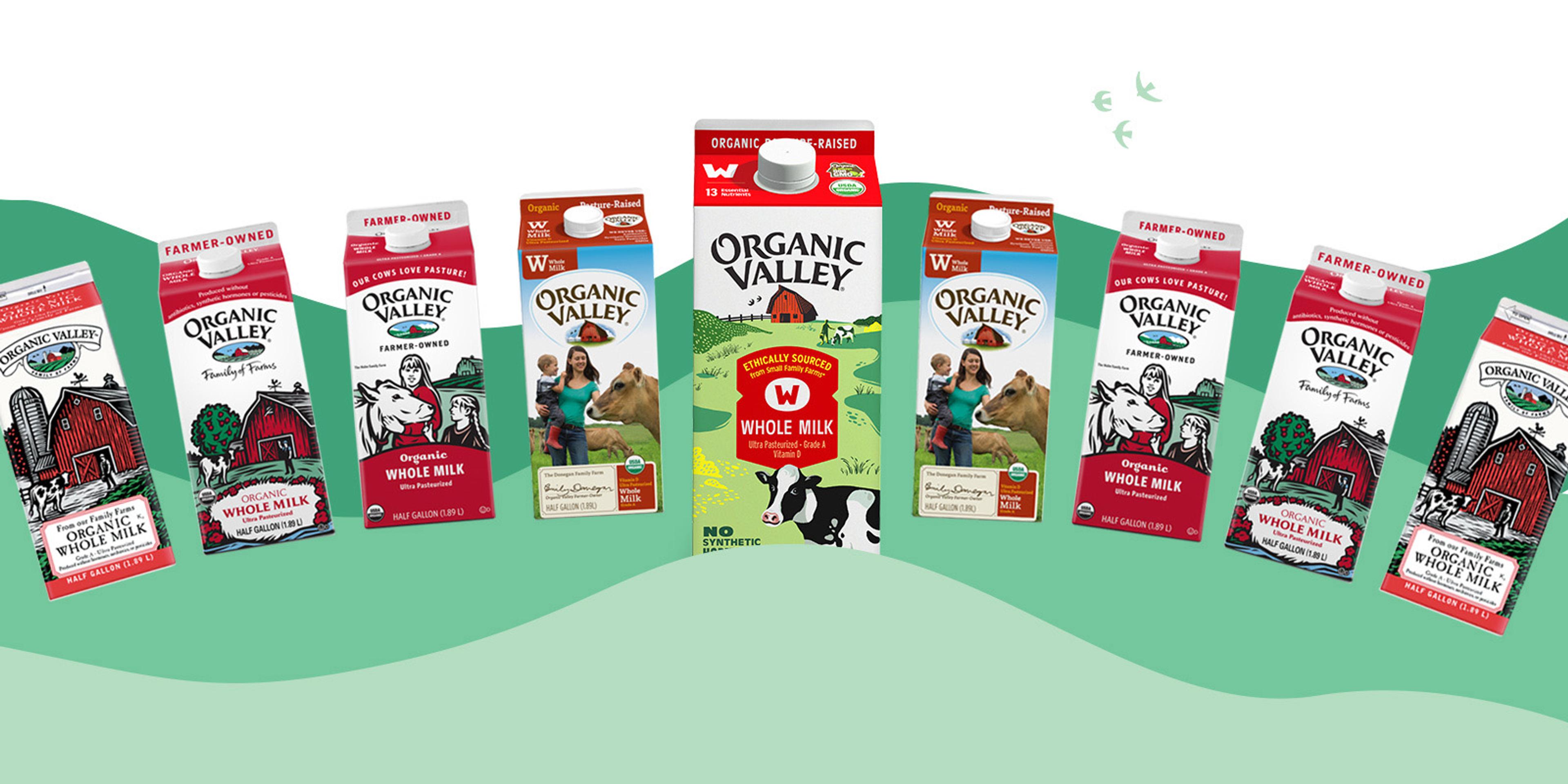 A collage of Organic Valley milk cartons from various years.
