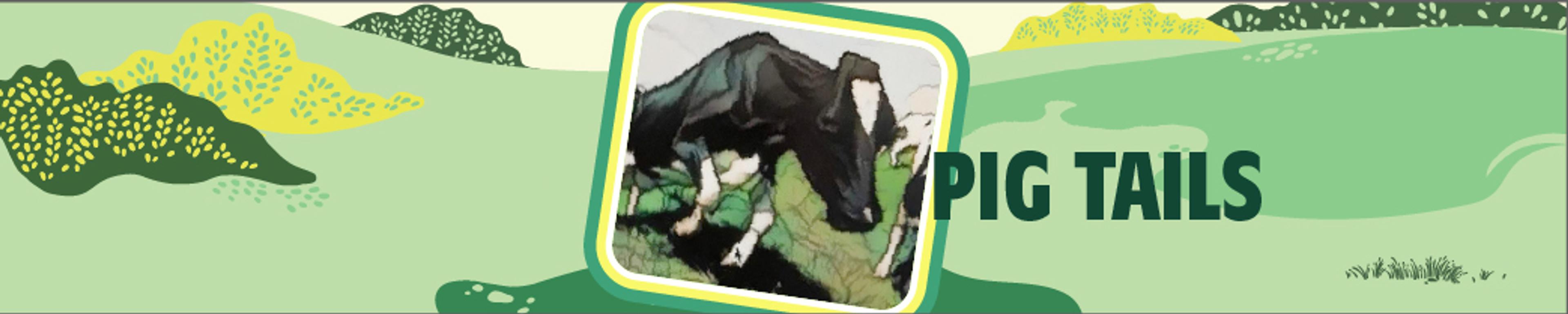 A graphic of a dairy cow with pasture in the background.