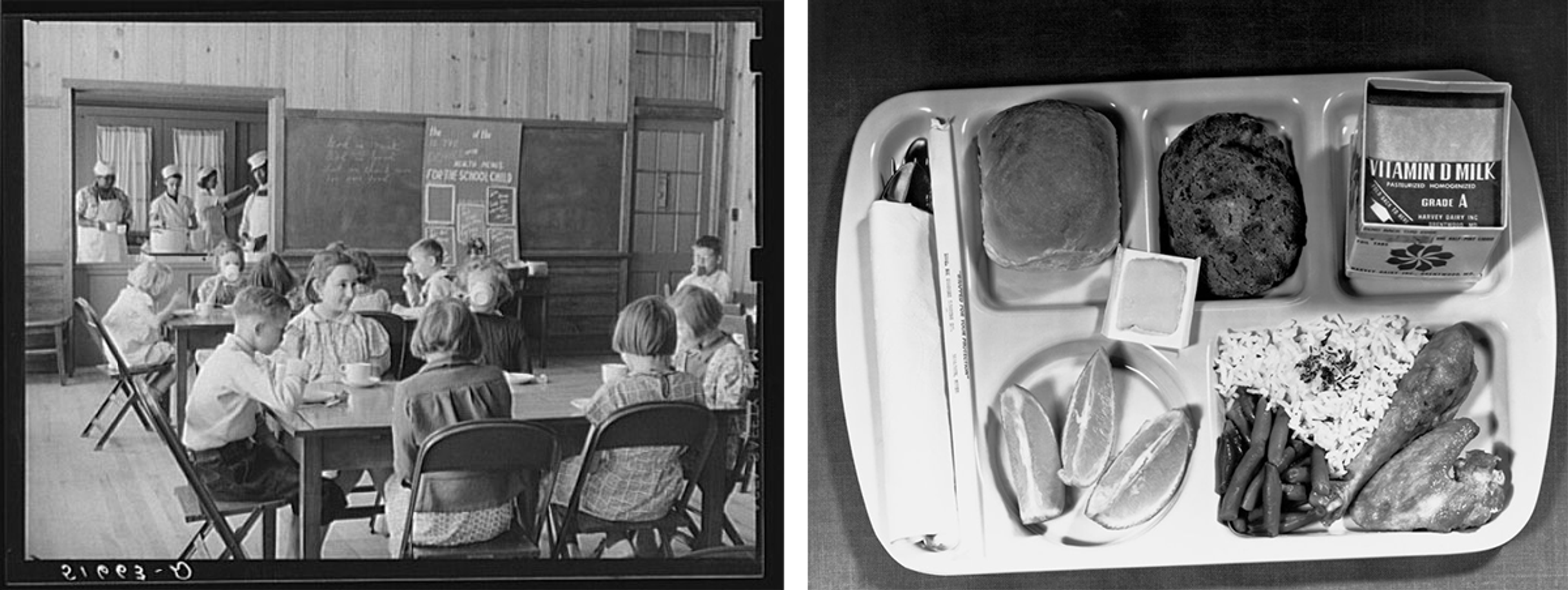 Children sit at lunch tables while women cook in the kitchen in the background. An overhead view of a school lunch tray containing chicken, rice, green beans, bread, fruit, a dessert, and milk.