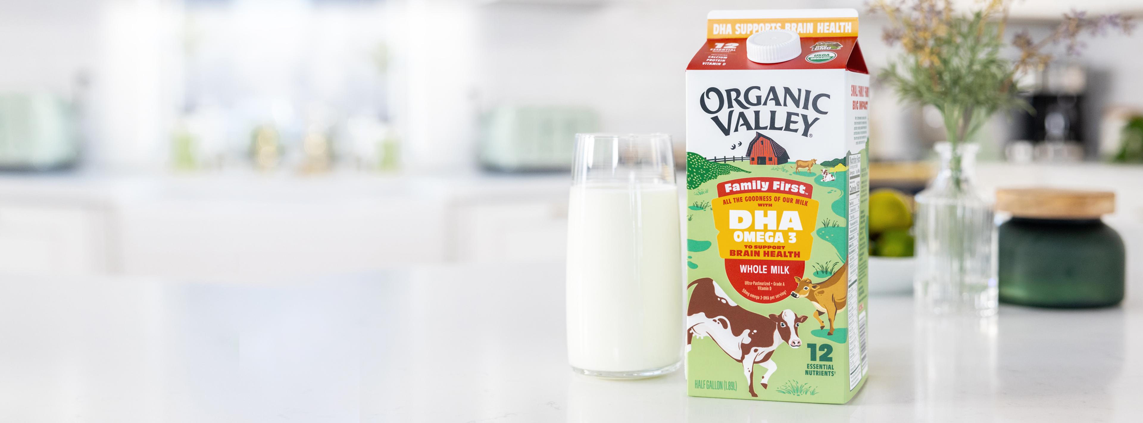 Glass of Organic Valley Family First DHA Omega 3 Whole Milk