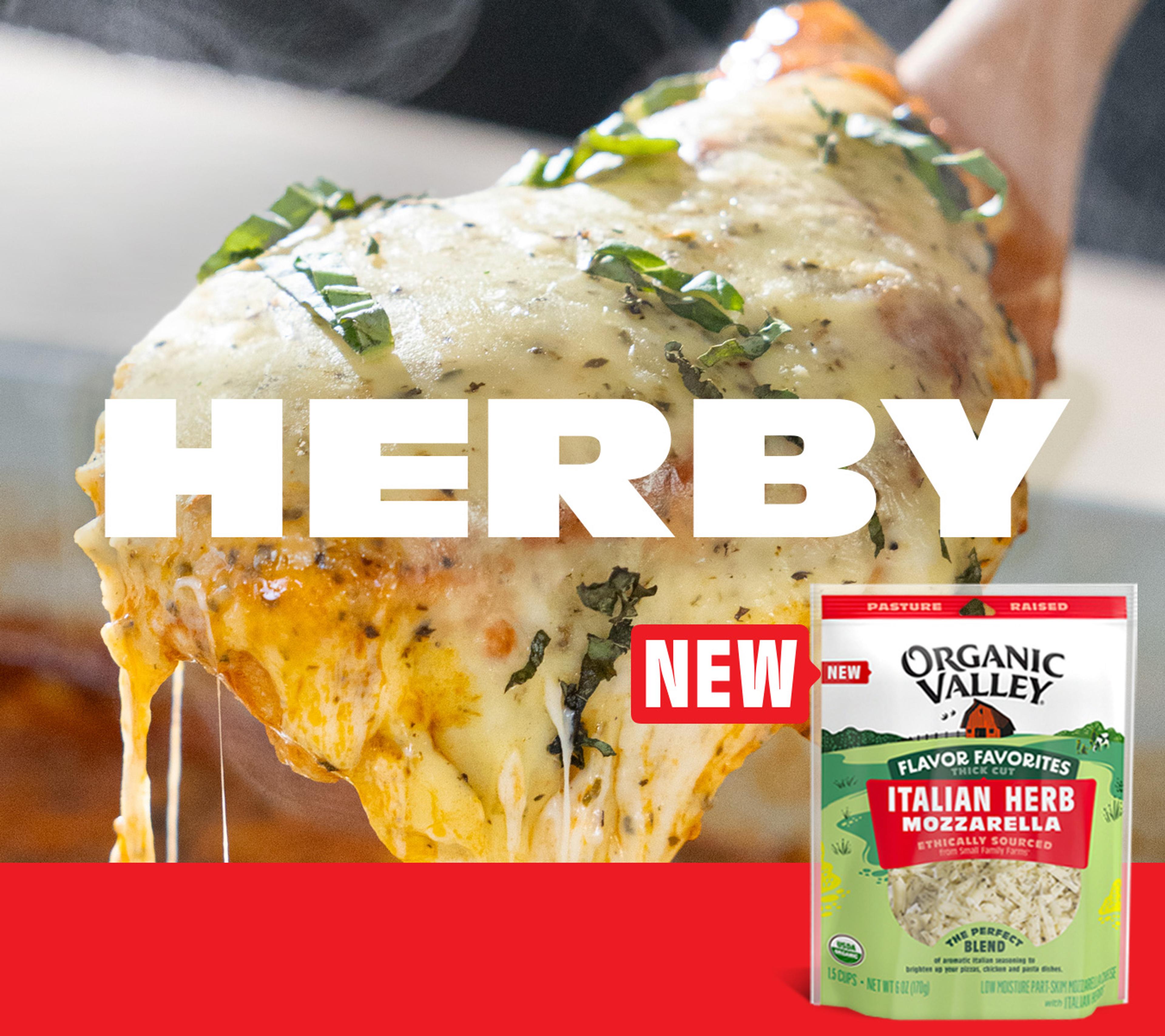 Organic Valley Italian Herb Mozzarella shredded cheese in front of a cheese covered casserole.