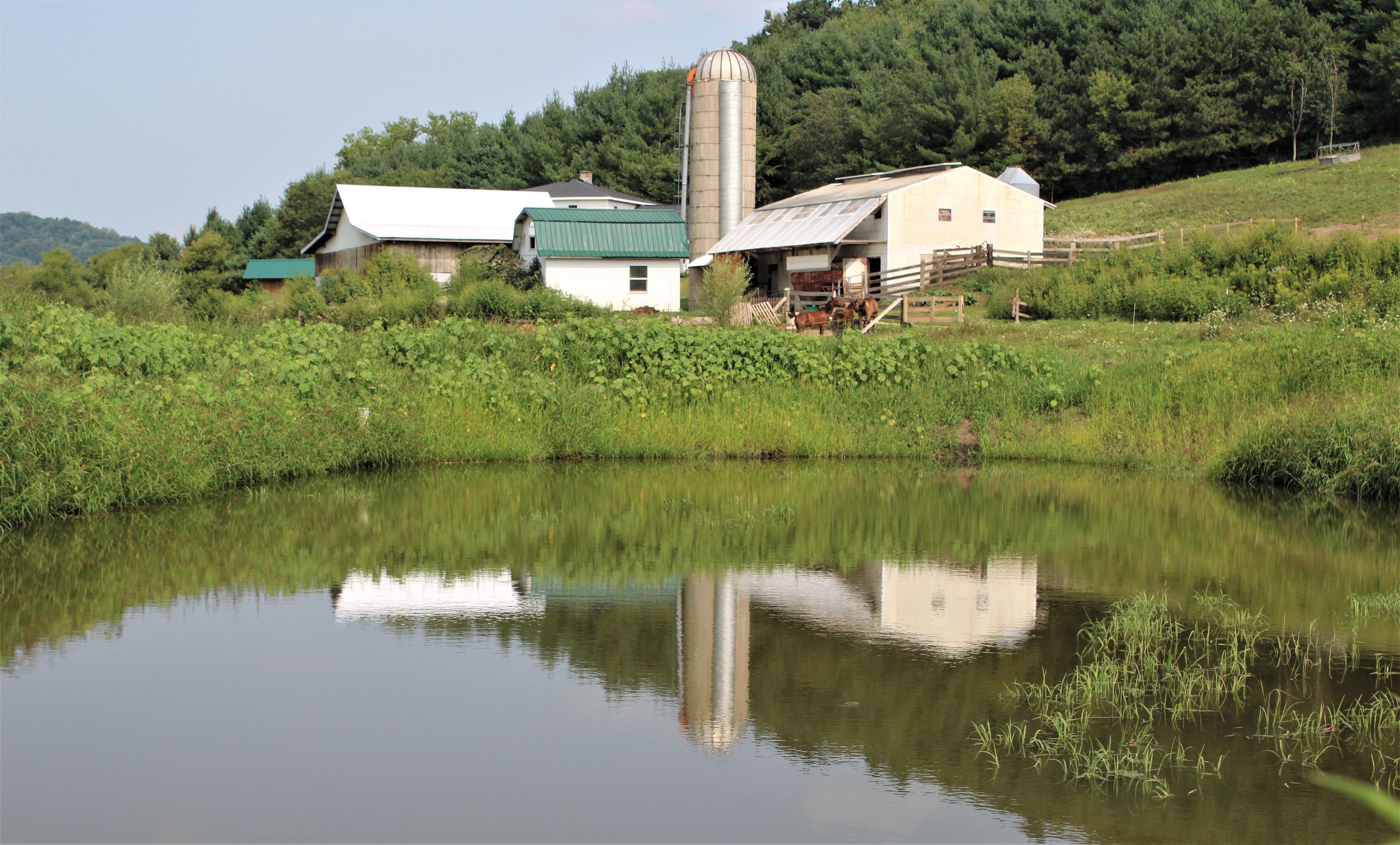 A reflection of a barn and silo on a pond in Wisconsin.
