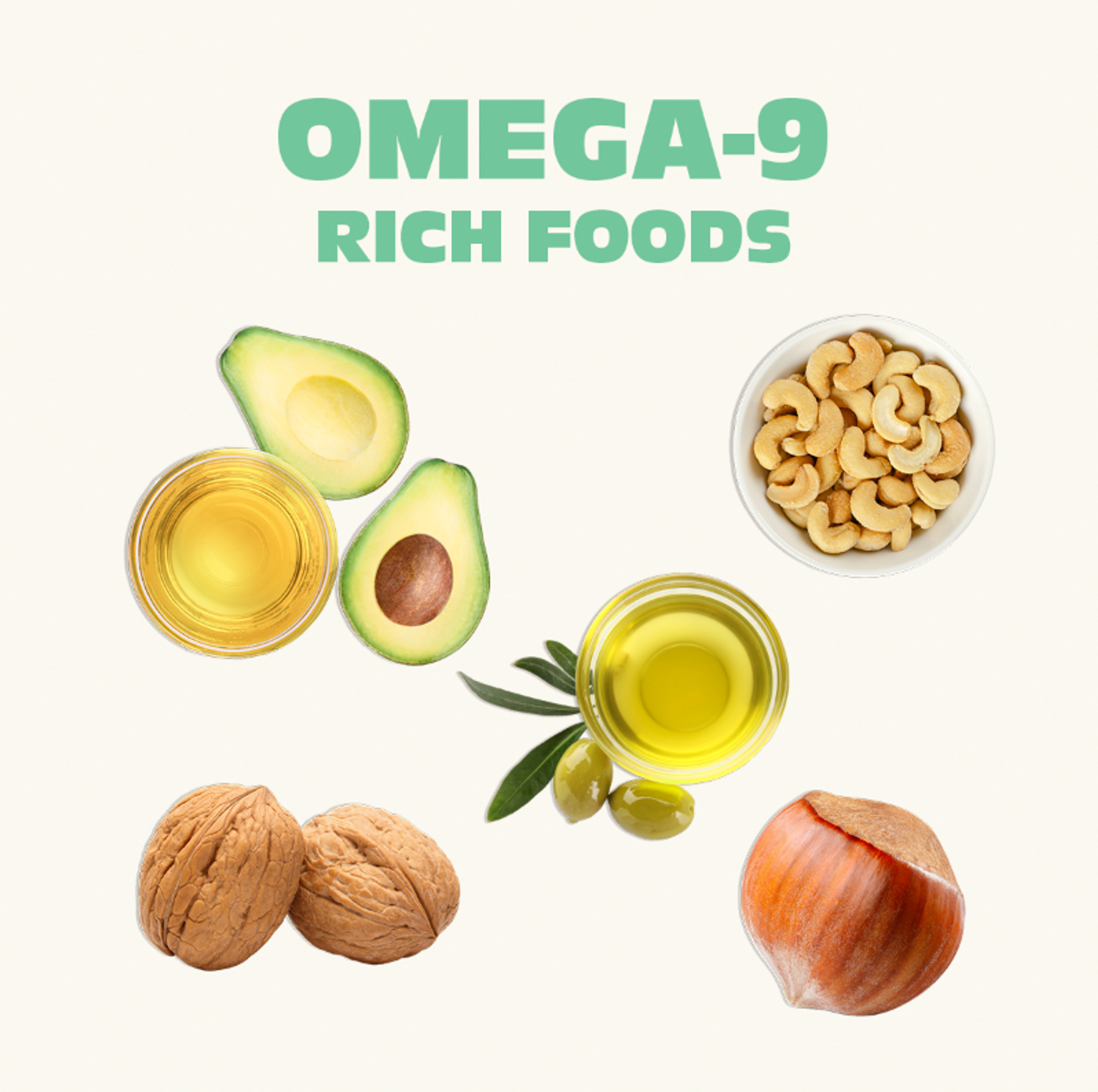 A graphic of an avocado, walnut, olive oil and more.