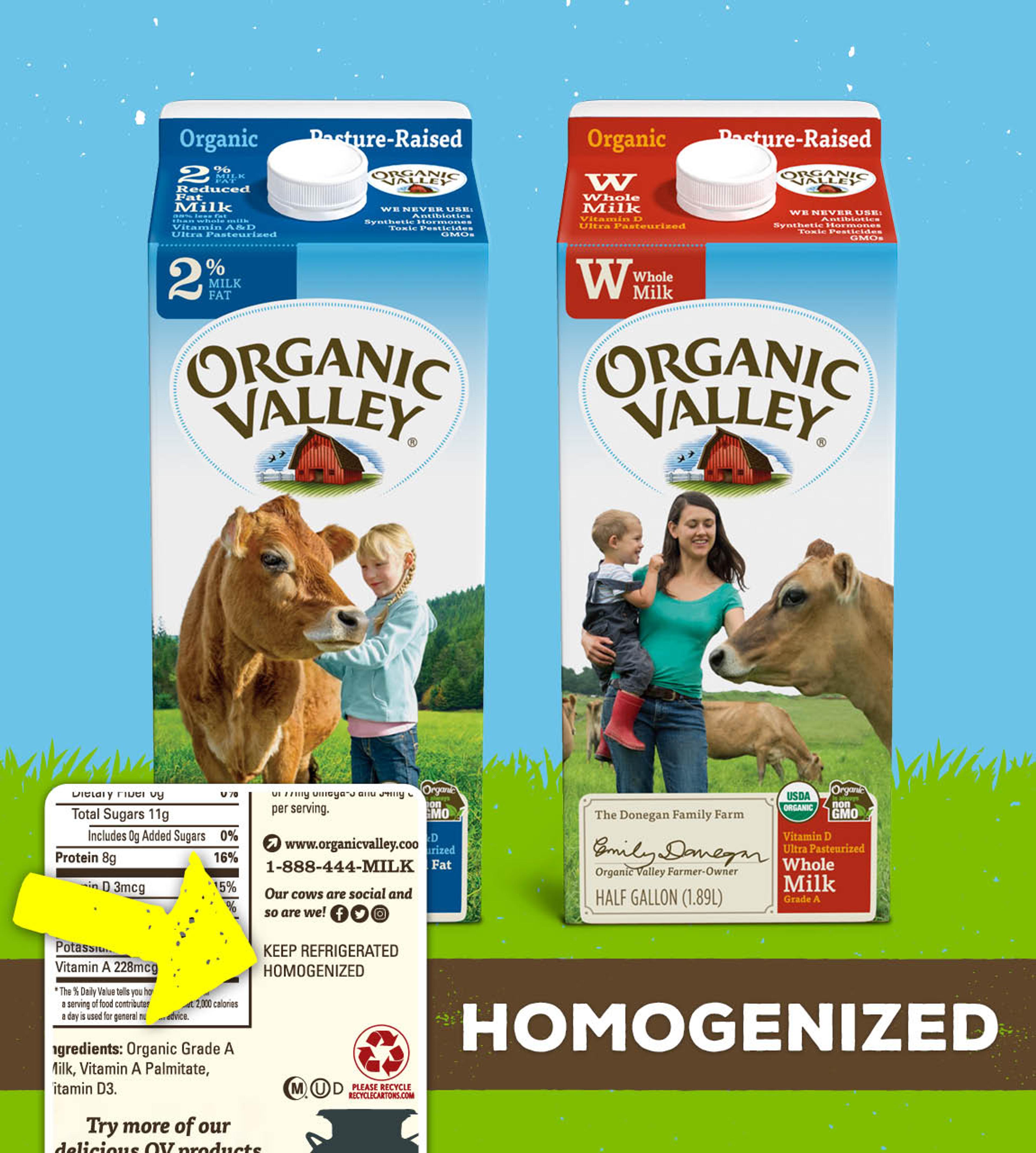 Organic Valley homogenized milk says “homogenized” on the nutrition side panel.