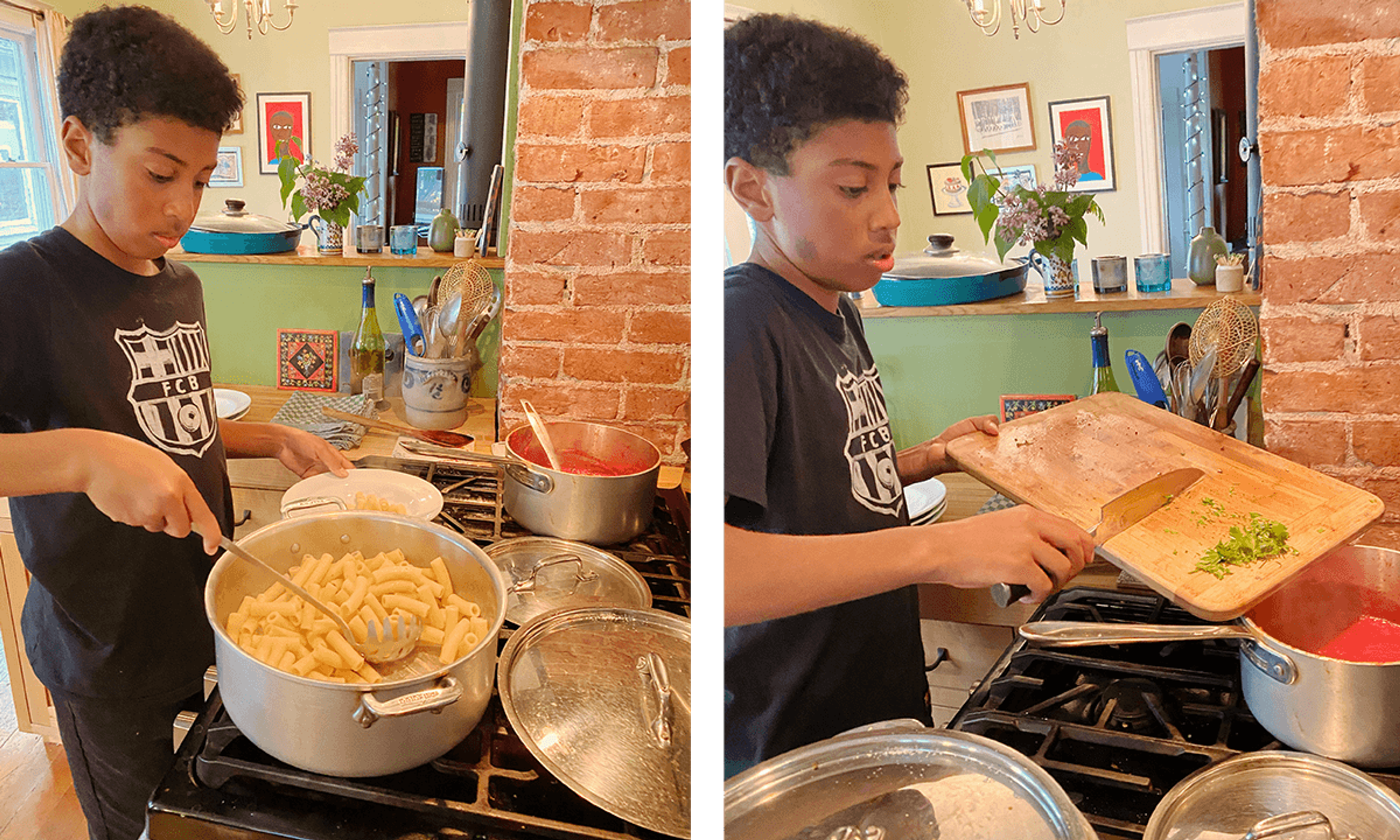 Teenage boy makes pasta over the stove.