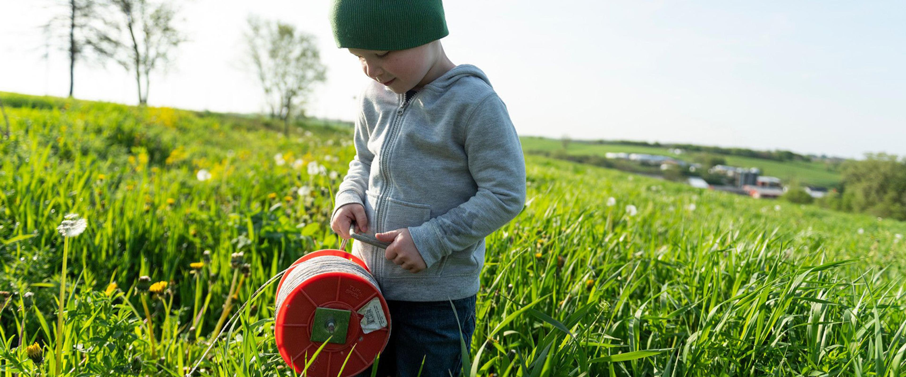 Moving pasture fencing at an organic farm in Wisconsin.