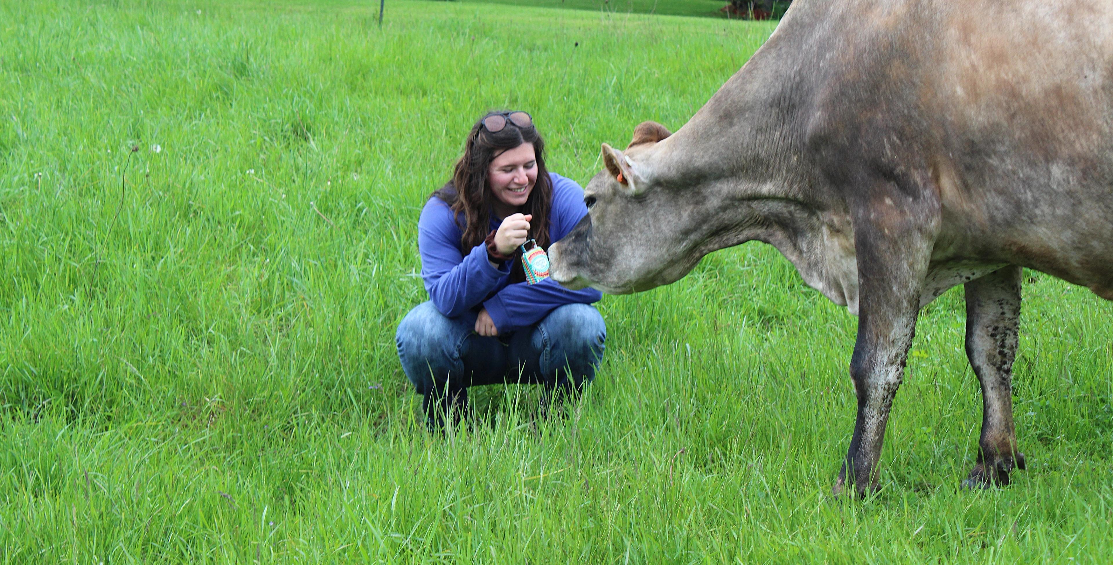 A woman and a cow on pasture.