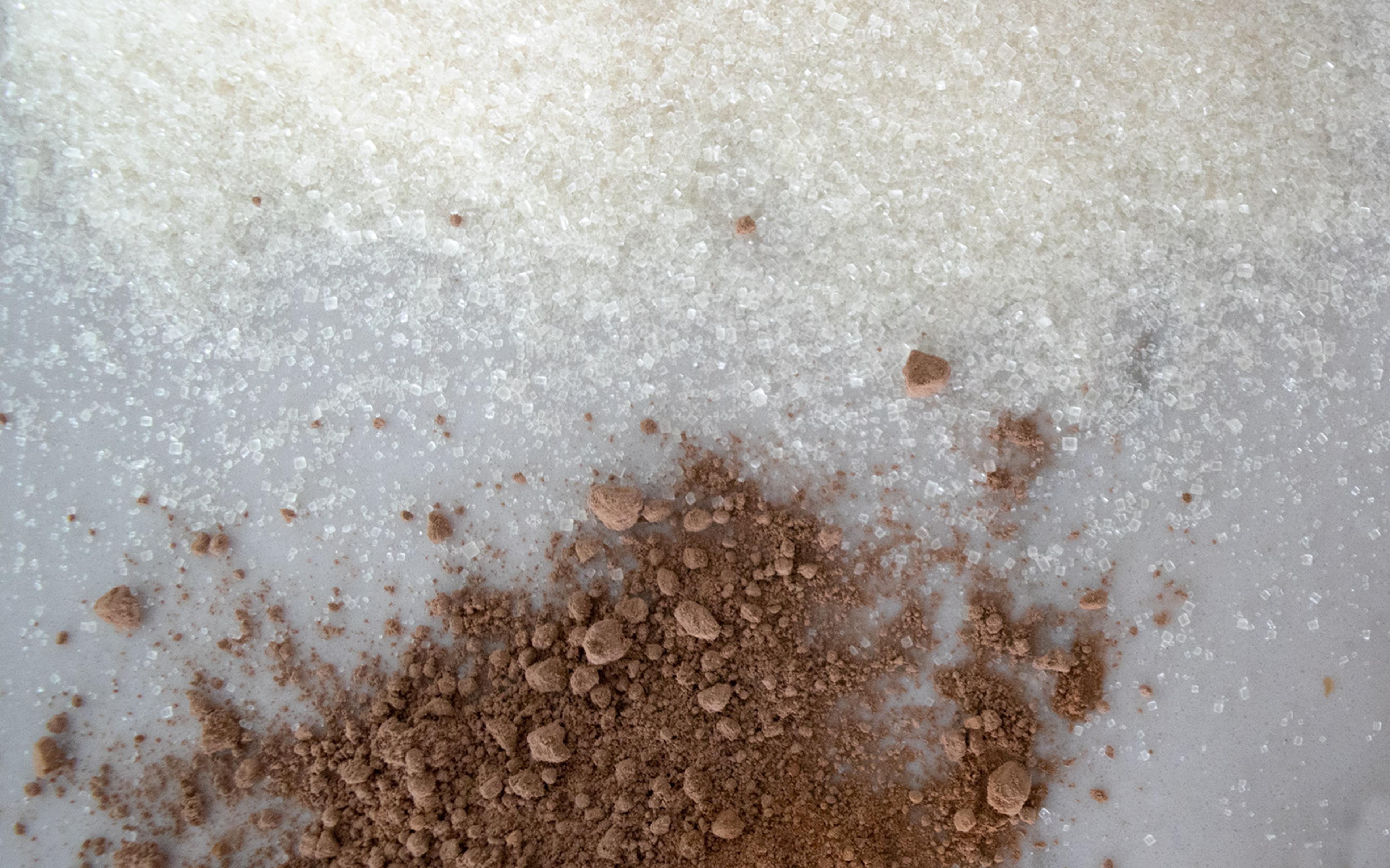 Fair trade cane sugar and cocoa powder sprinkled on a countertop.