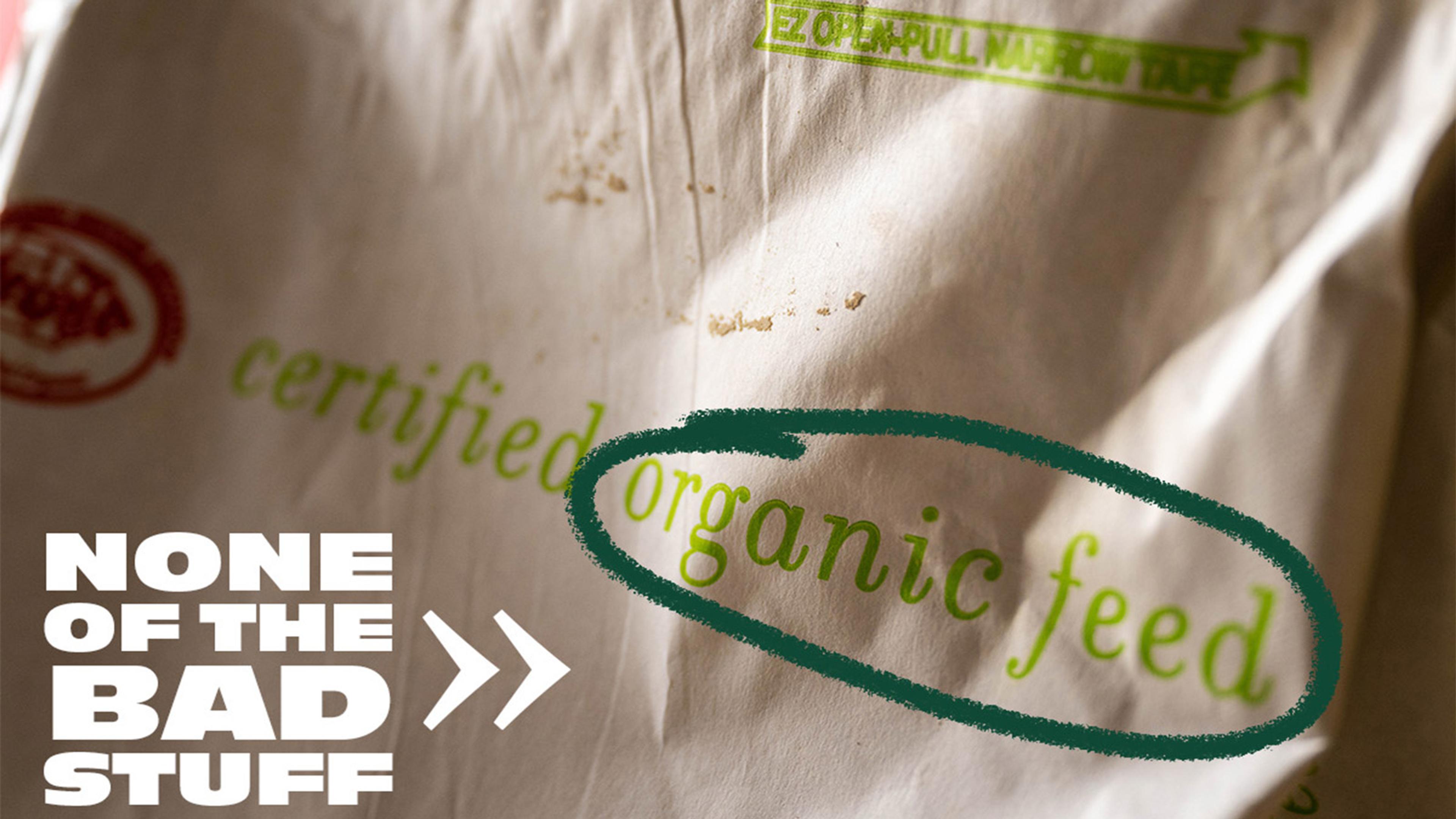 A bag of certified organic animal feed.