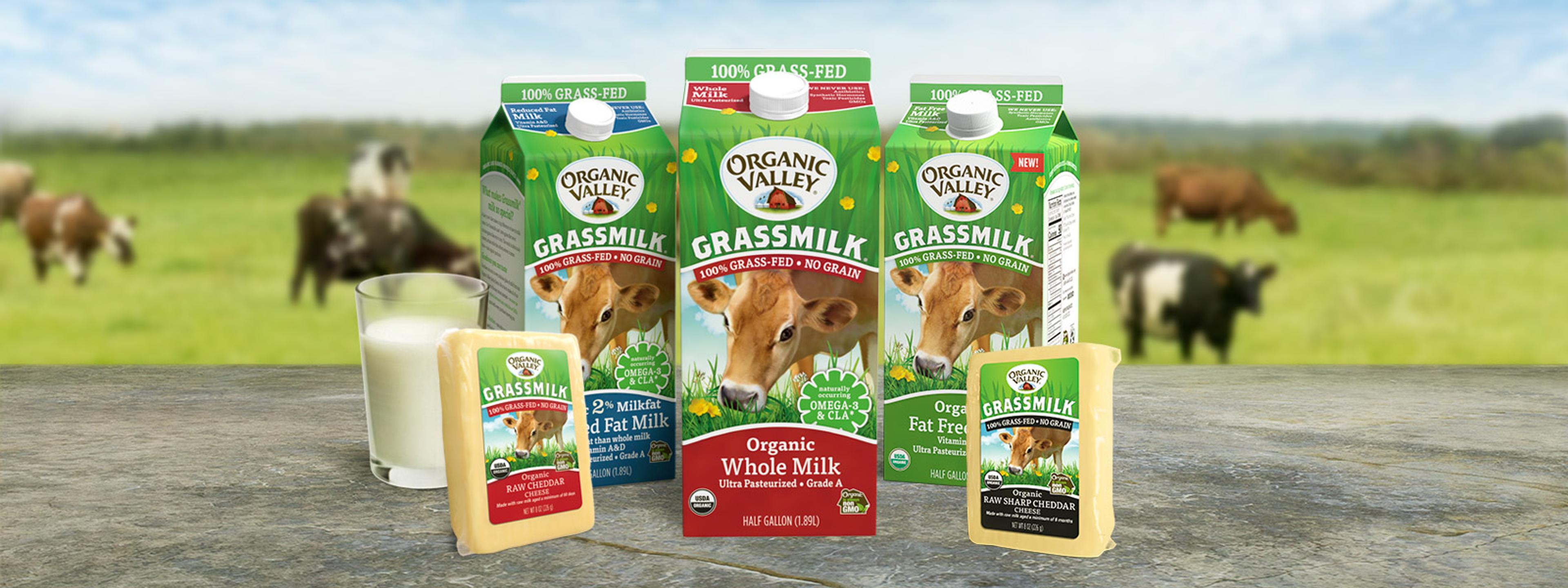 Organic Valley Grassmilk products displayed on a table top.