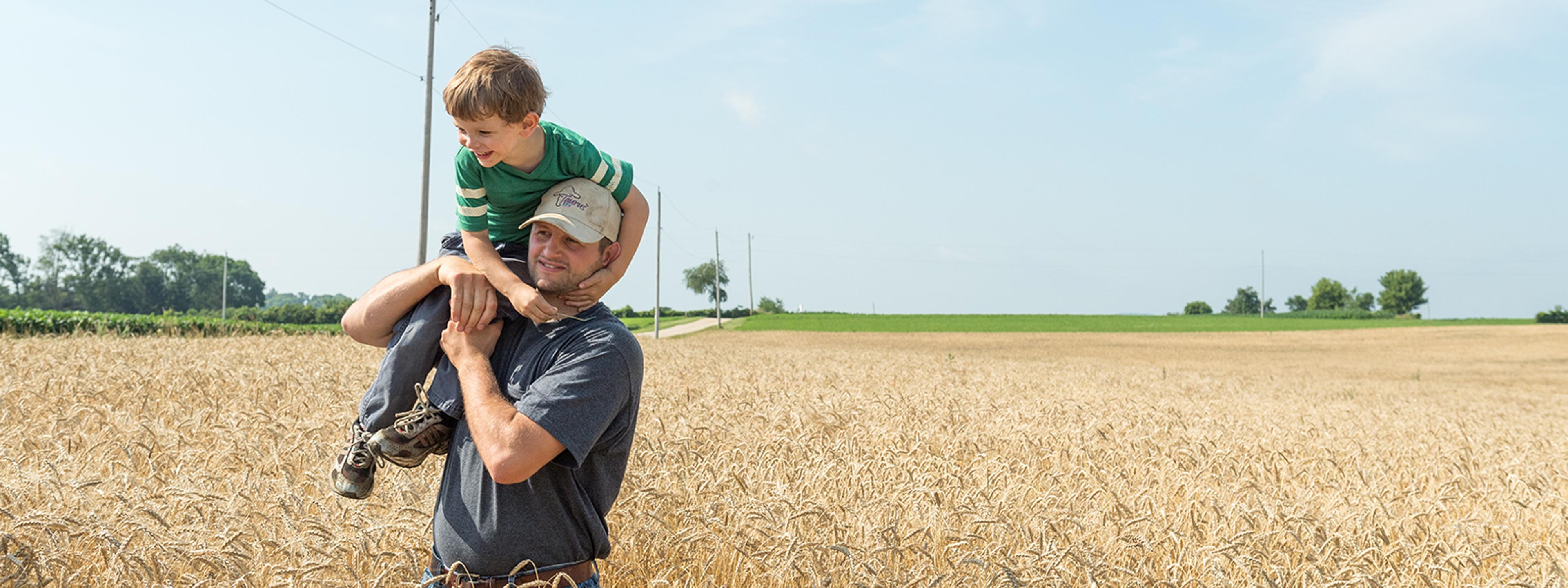 Farmer holding son on his shoulders while crossing a field.