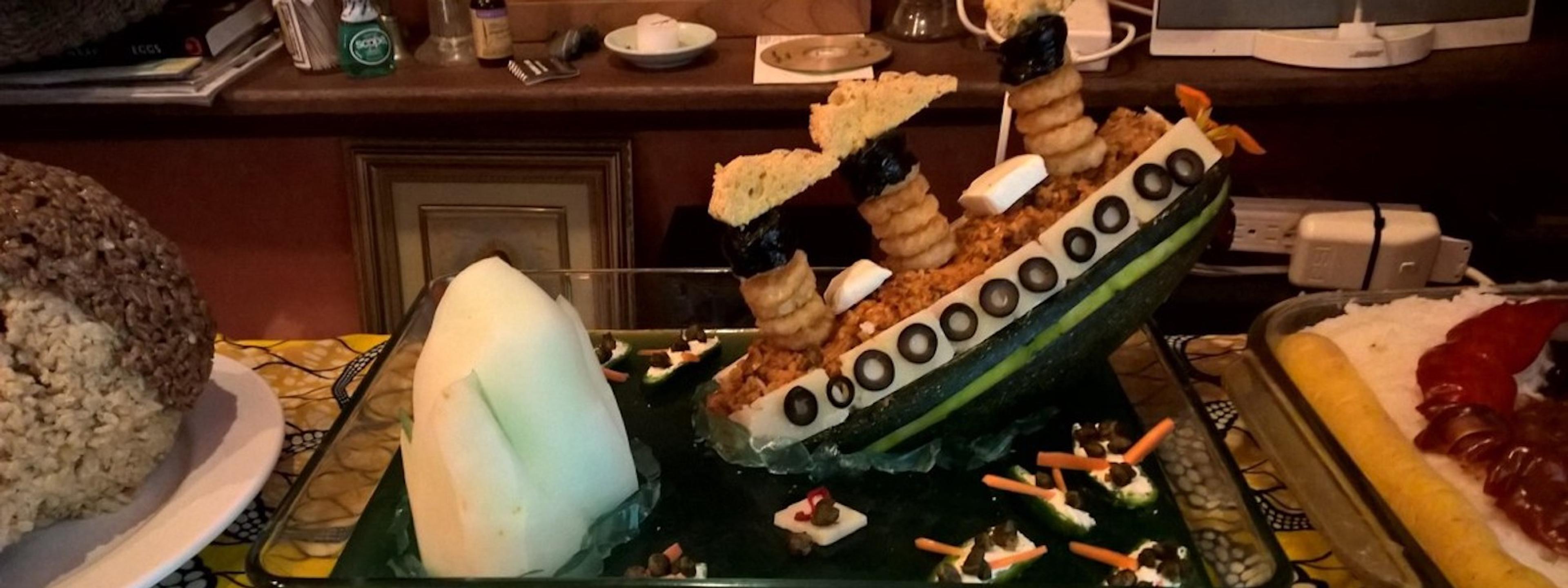 Replical of the sinking Titanic ship made out of food