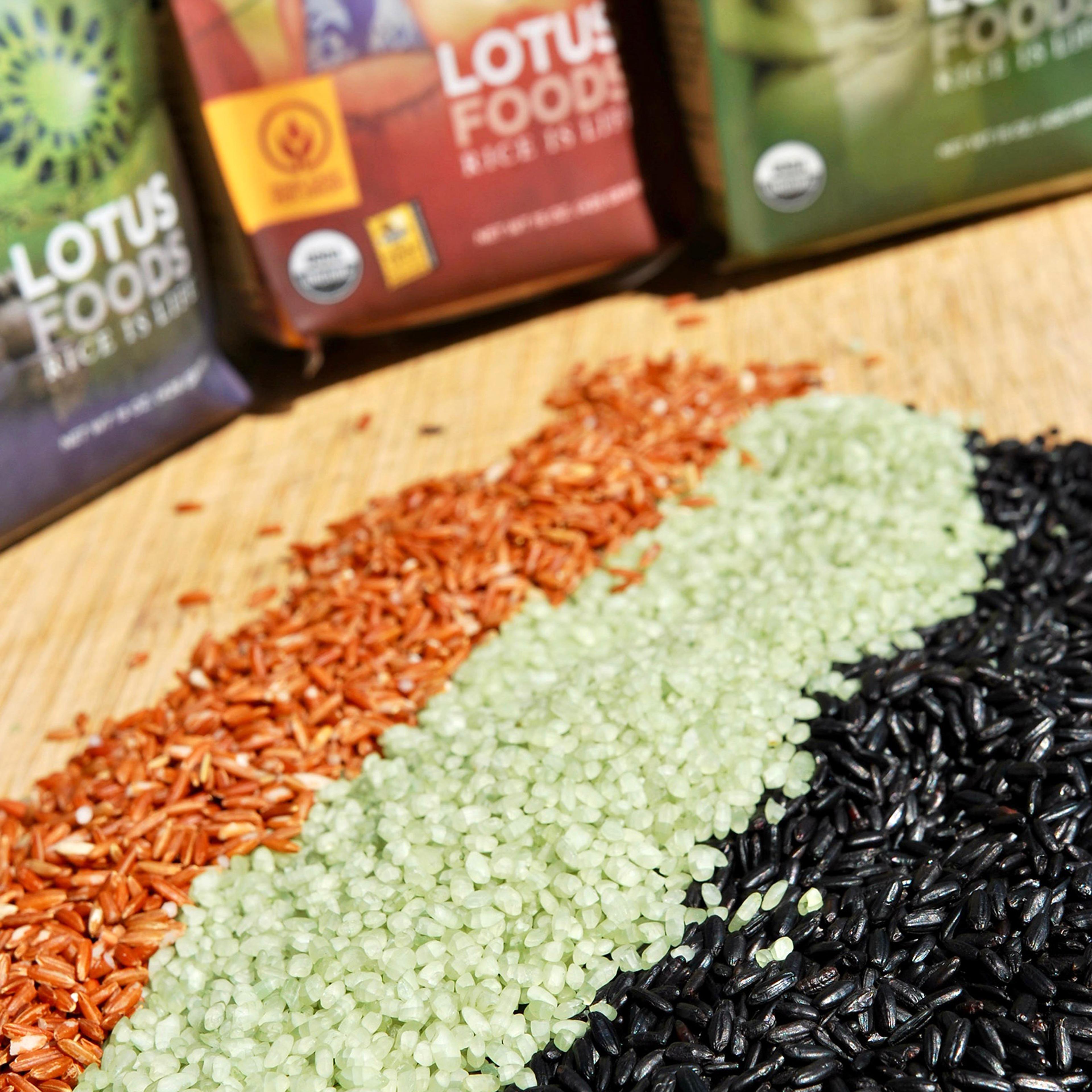 Red, white and black varieties of Lotus Foods rice.