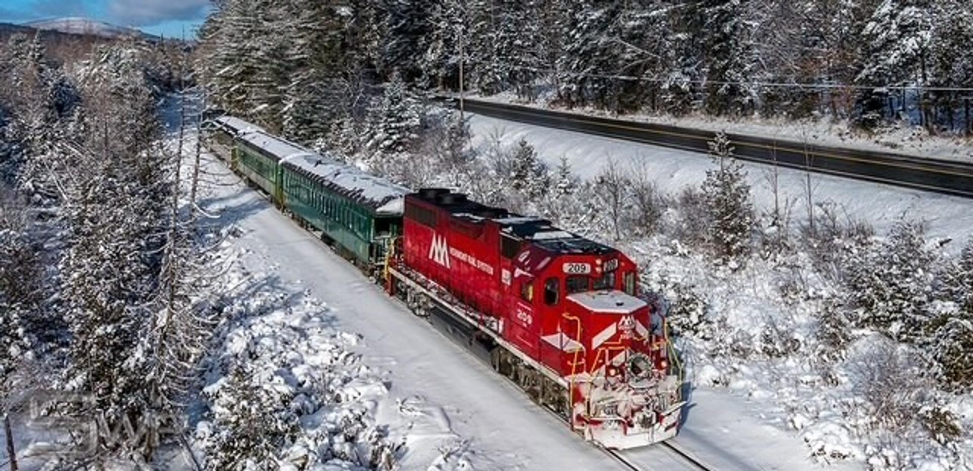 A train travels past snow-covered trees.