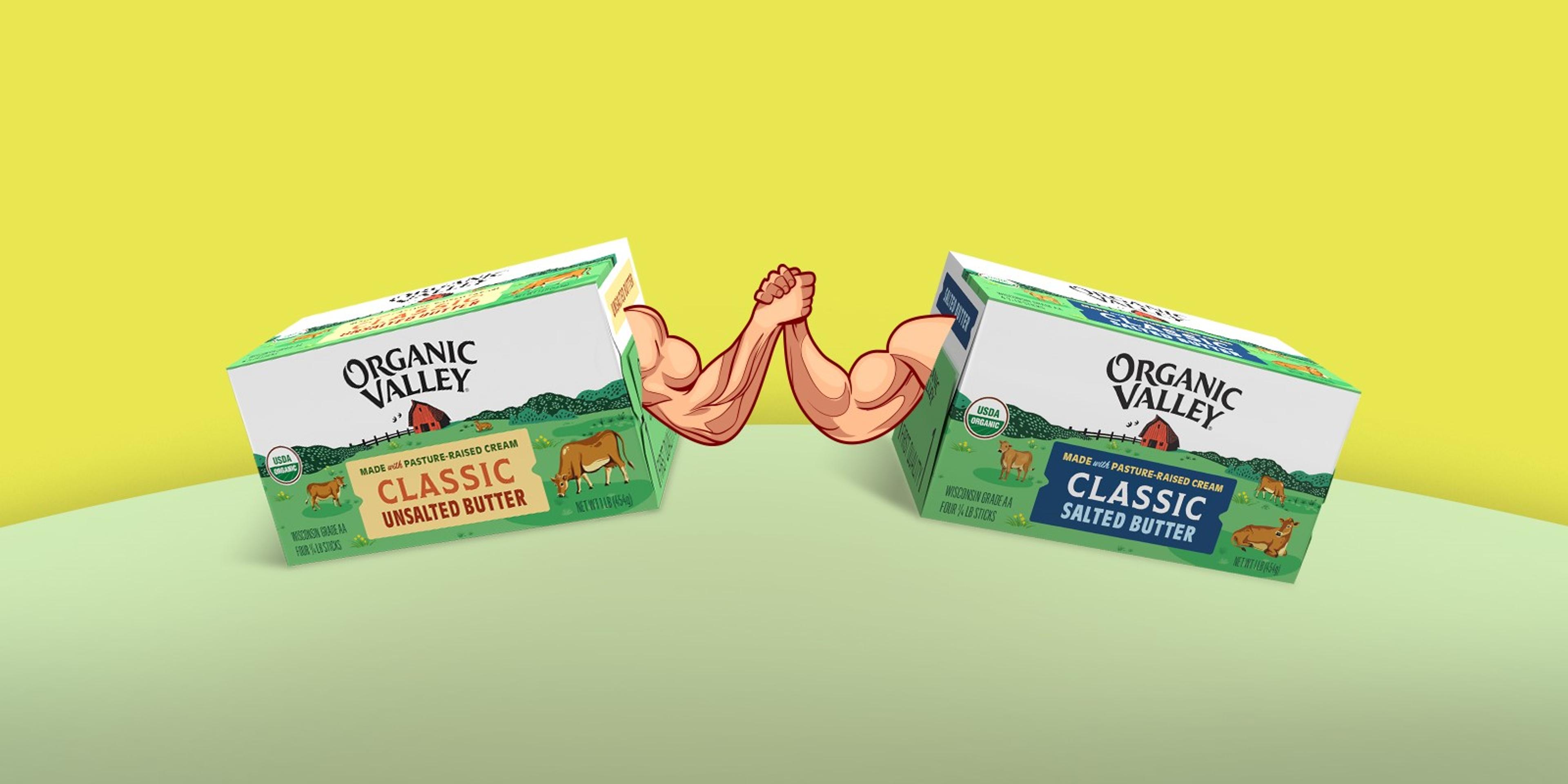 A silly graphic of salted butter and unsalted butter arm wrestling. 