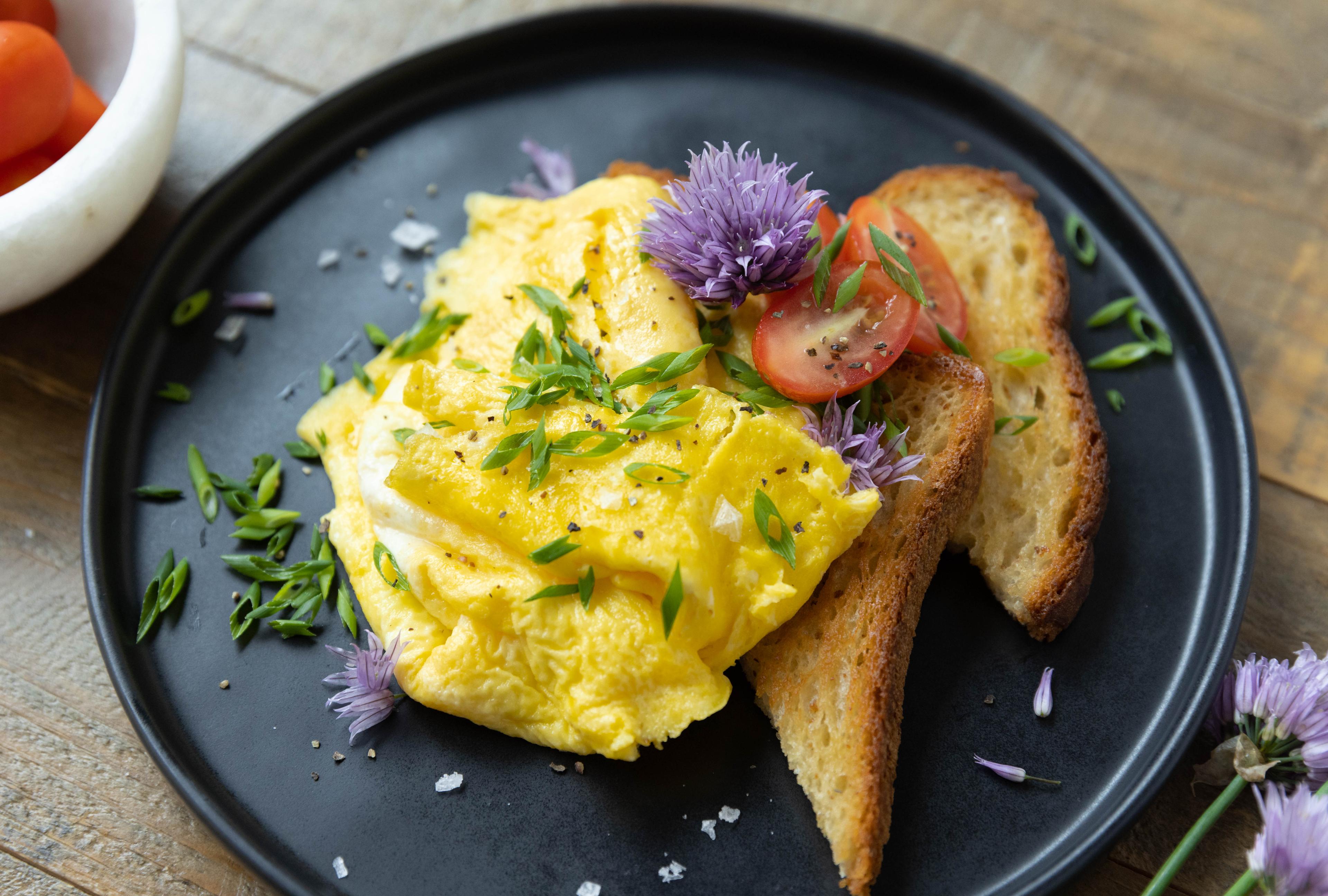 Chives dress up scrambled eggs.